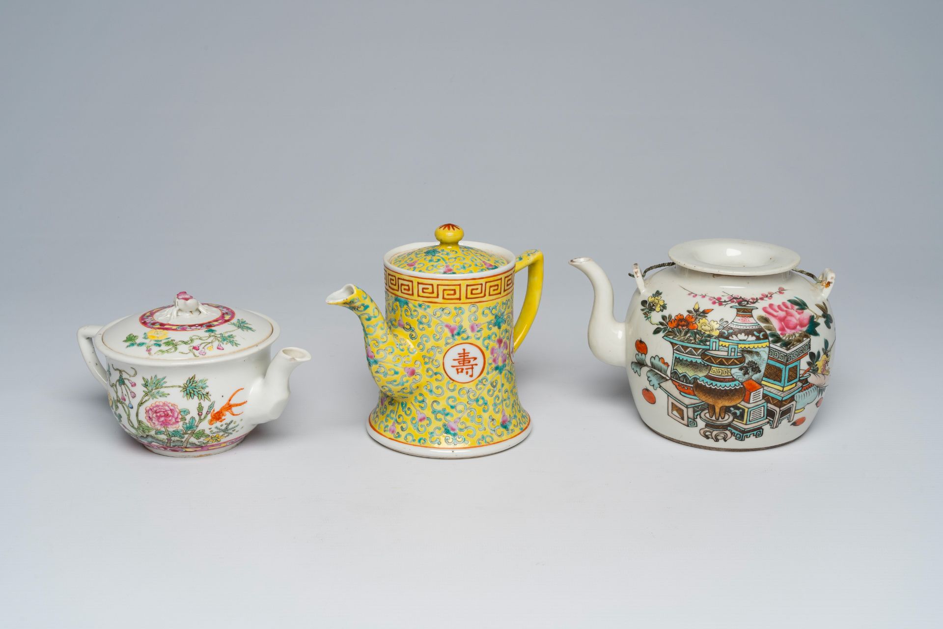 Three various Chinese famille rose and qianjiang cai teapots and covers, 19th/20th C. - Image 2 of 8