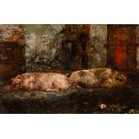 Belgian school: Two pigs resting on a yard, oil on panel, 19th/20th C.