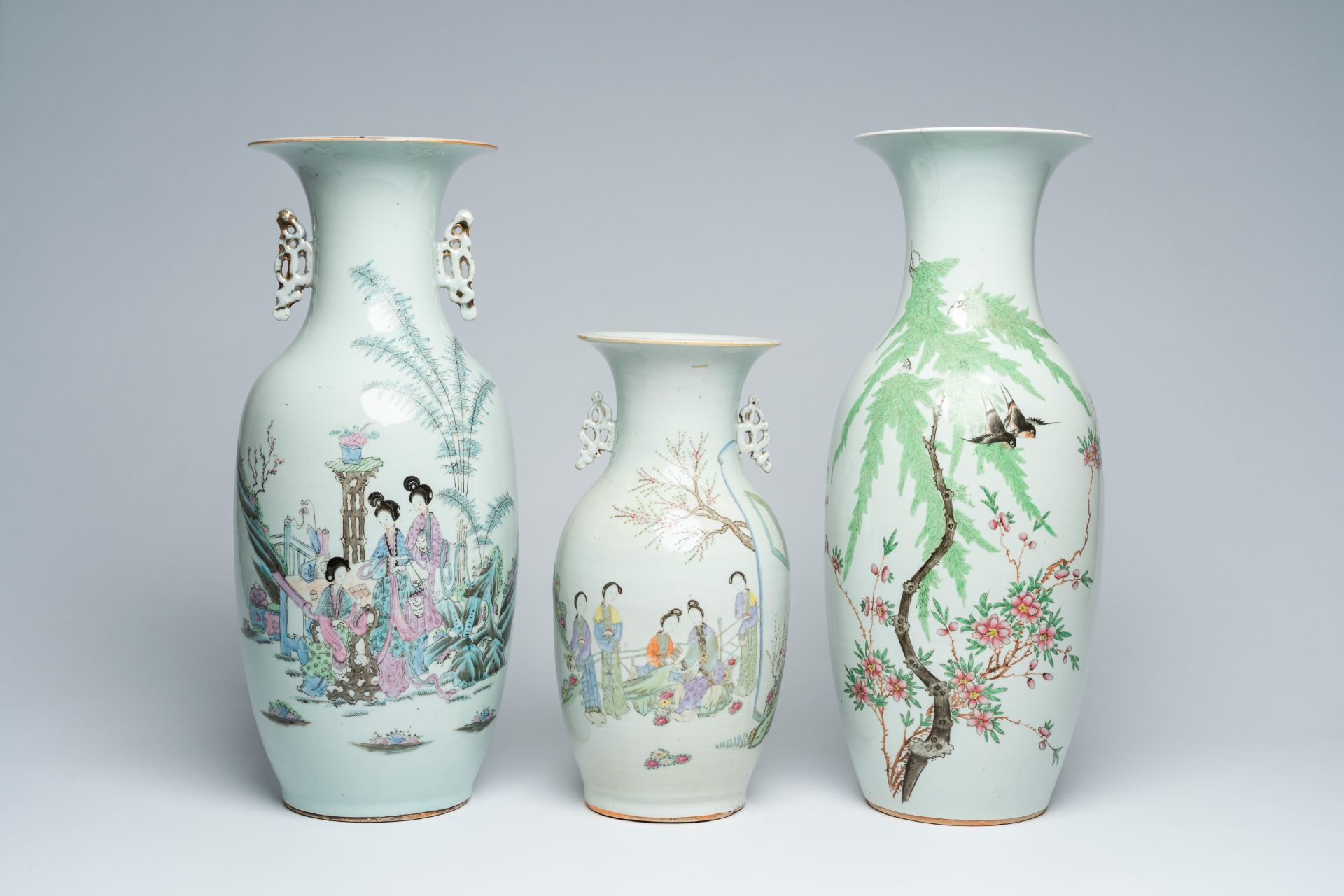 Three Chinese qianjiang cai vases with ladies in a garden and birds among blossoming branches, 19th/ - Image 2 of 7