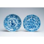 Two Chinese blue and white chargers with floral design, Kangxi