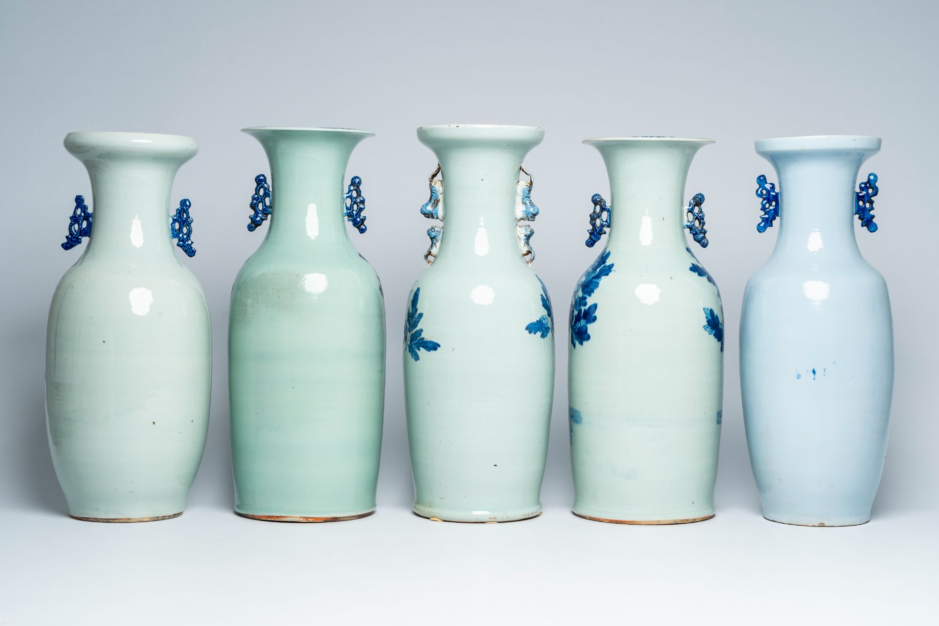 Five Chinese blue, white and celadon ground vases with animals and floral design, 19th C. - Image 3 of 6
