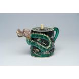 A Chinese famille noire dragon-shaped teapot with relief design, 19th C.