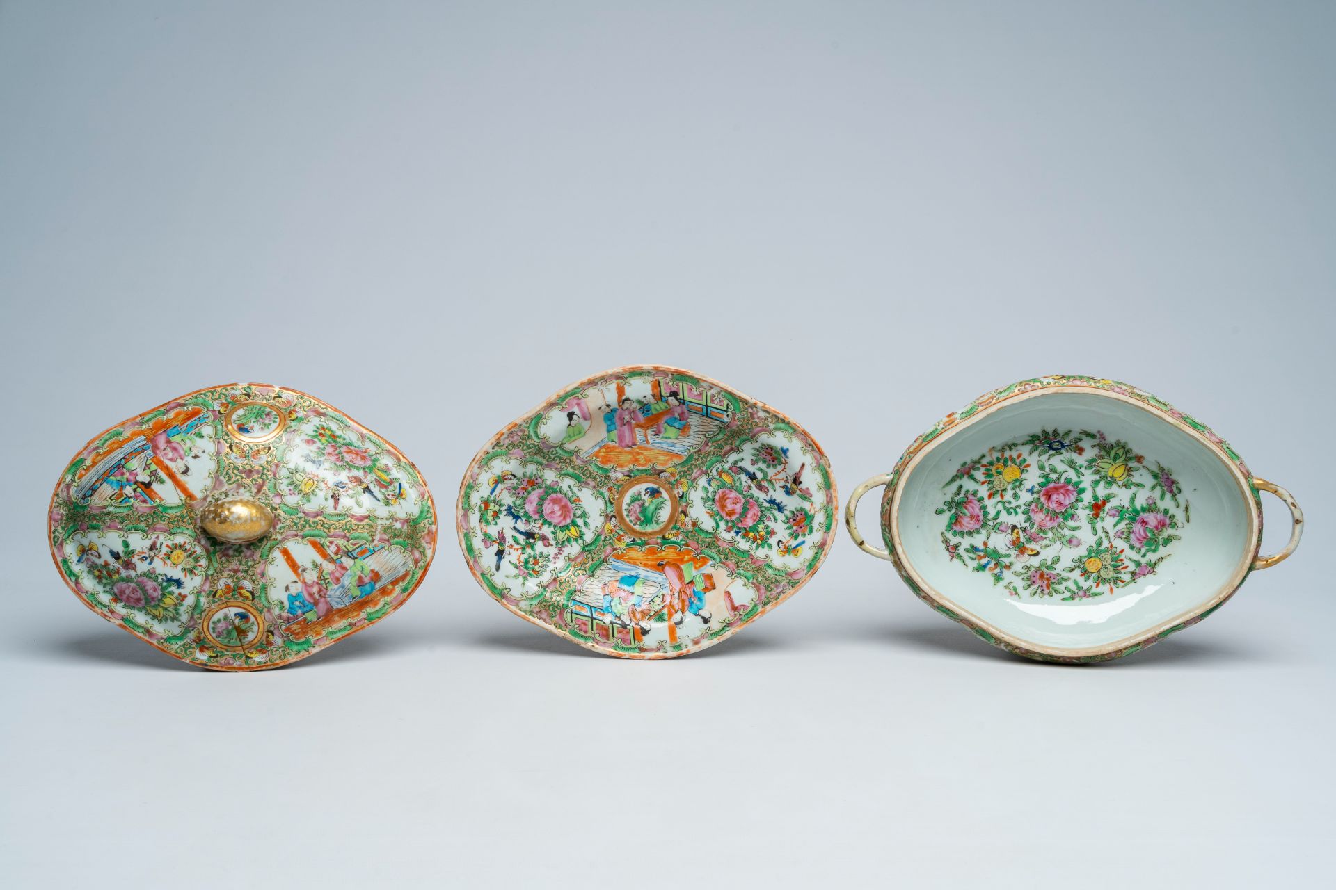 Three various Chinese famille rose bowls and a Canton tureen and cover with palace scenes and floral - Image 8 of 11