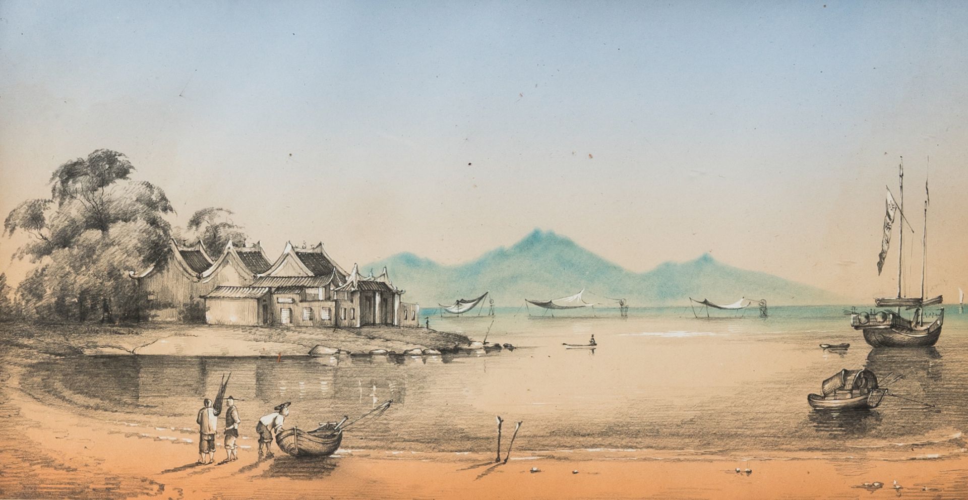 Chinese school, Canton: View on a bay, mixed media on paper, in an openworked wood frame, 19th C.