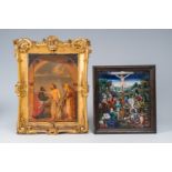 A French Limoges enamel 'Golgotha' plaque and an oleograph depicting the Doubting Thomas, 19th/20th