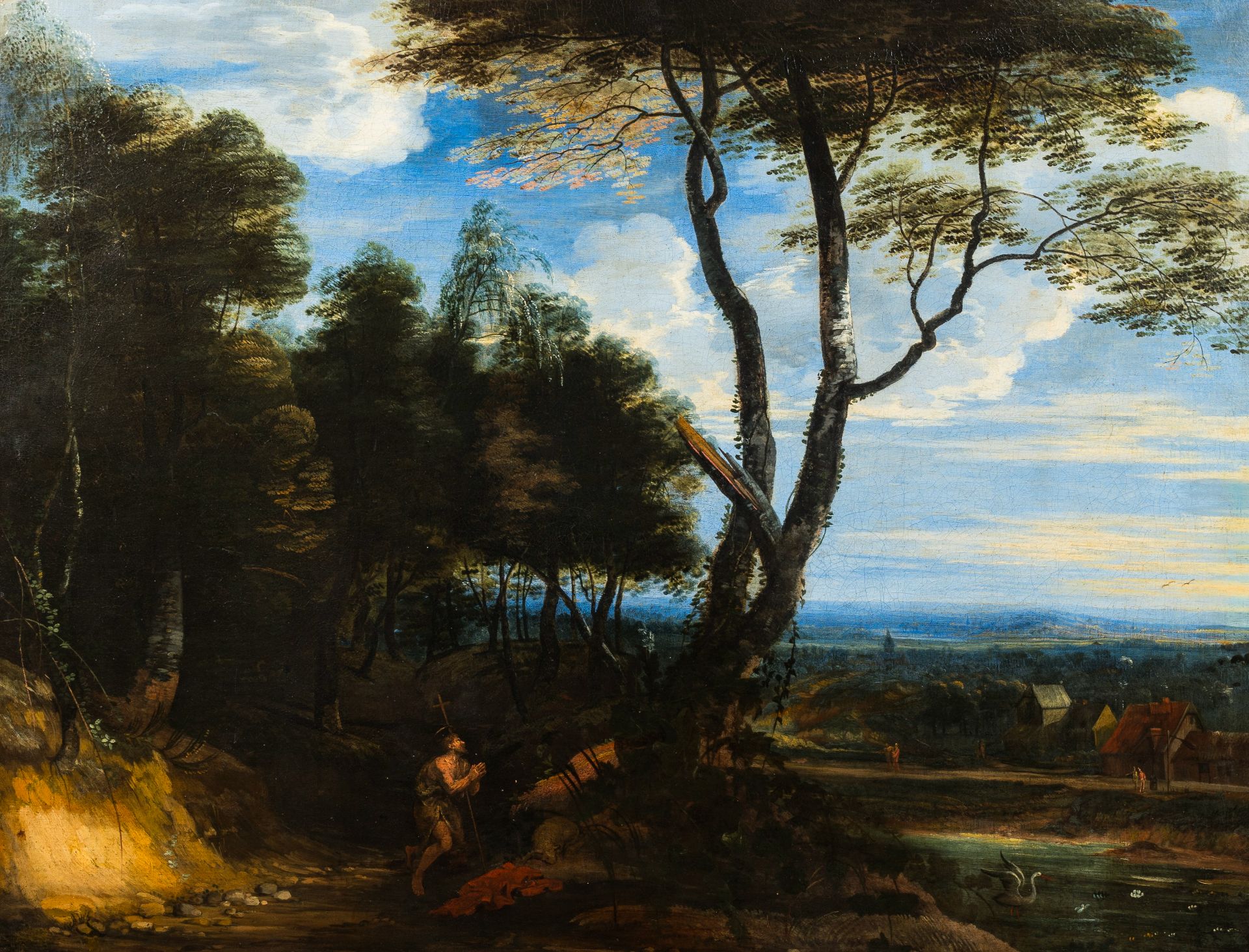 Flemish school: Landscape with Saint Jerome praying, oil on canvas, 17th C.