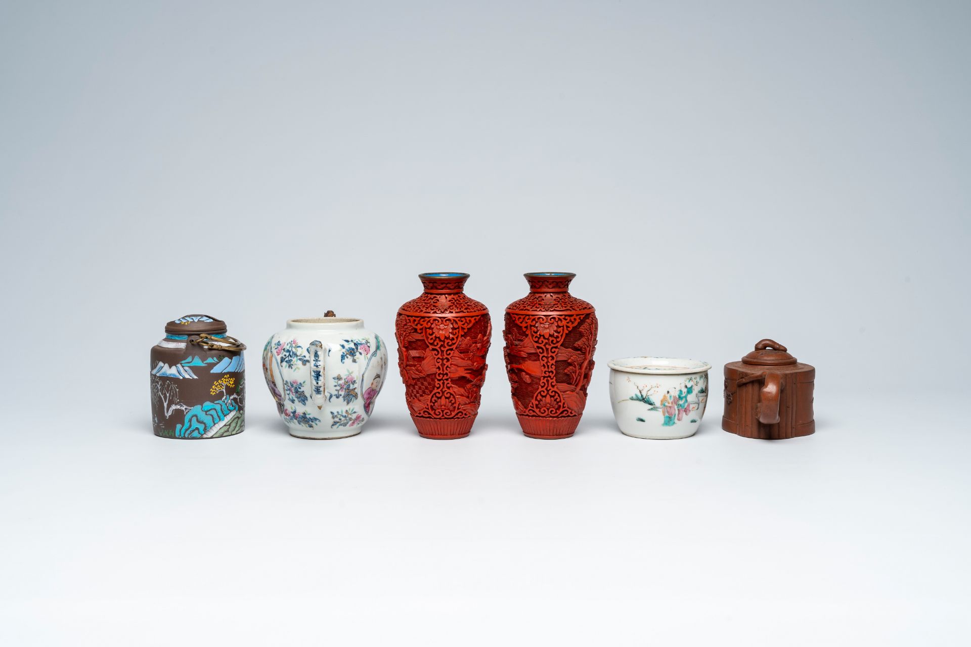 A varied collection of Chinese stoneware, lacquerware and famille rose and qianjiang cai porcelain, - Image 4 of 8