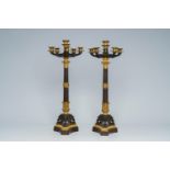 A pair of French gilt and patinated bronze six-light candelabra with floral design, 19th C.