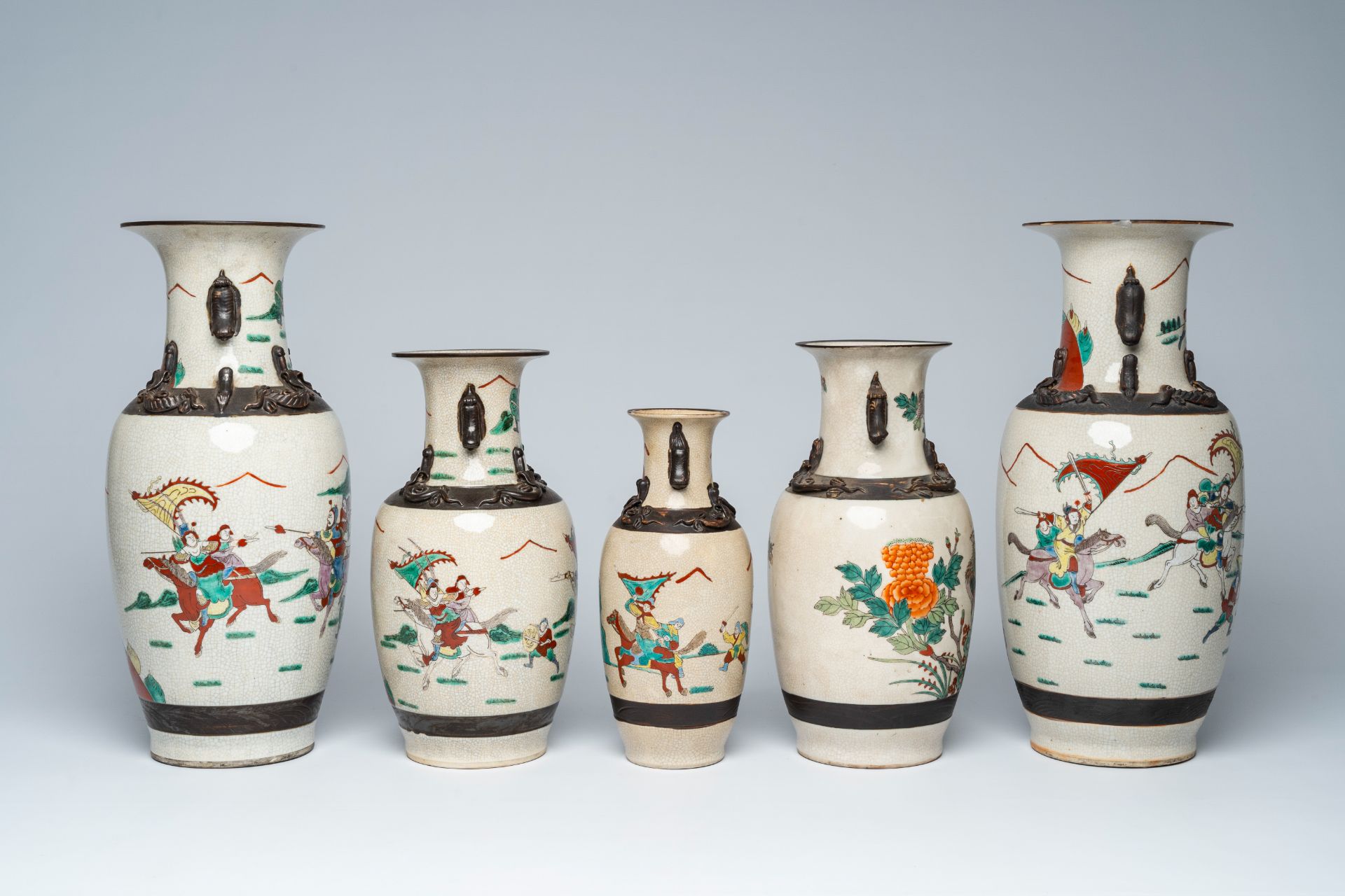 A varied collection of ten Chinese Nanking crackle glazed famille verte vases with warrior scenes an - Image 11 of 13