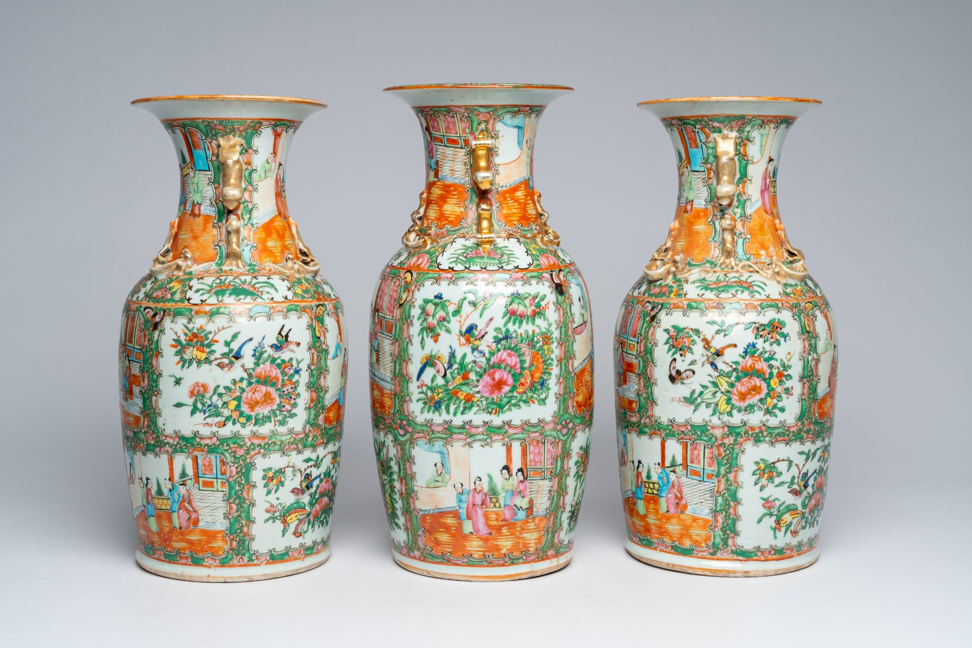 Three Chinese Canton famille rose vases with palace scenes and floral design, ca. 1900 - Image 2 of 6