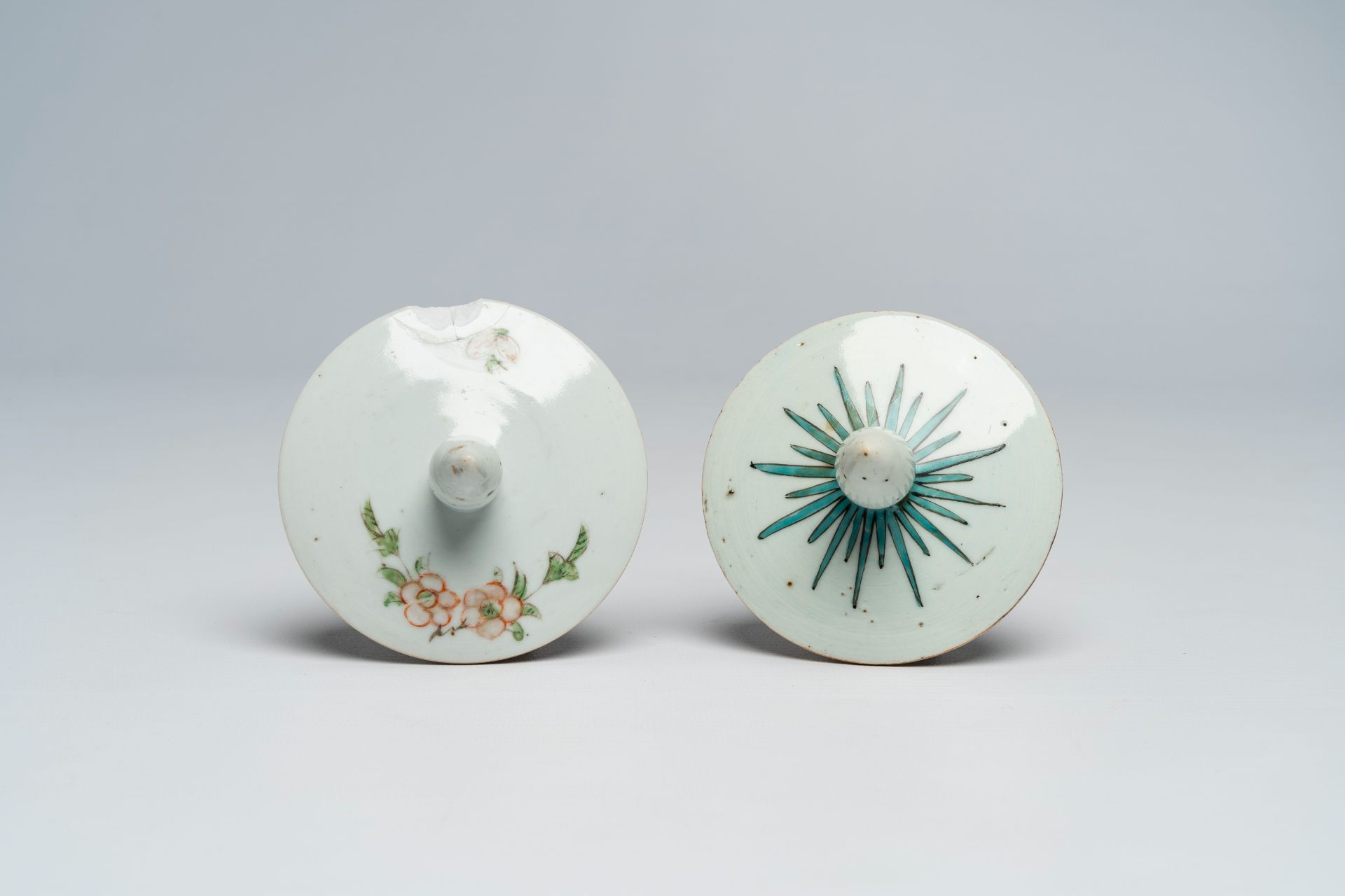Three Chinese famille rose and qianjiang cai vases with ladies in a garden and two jars and covers, - Image 8 of 11