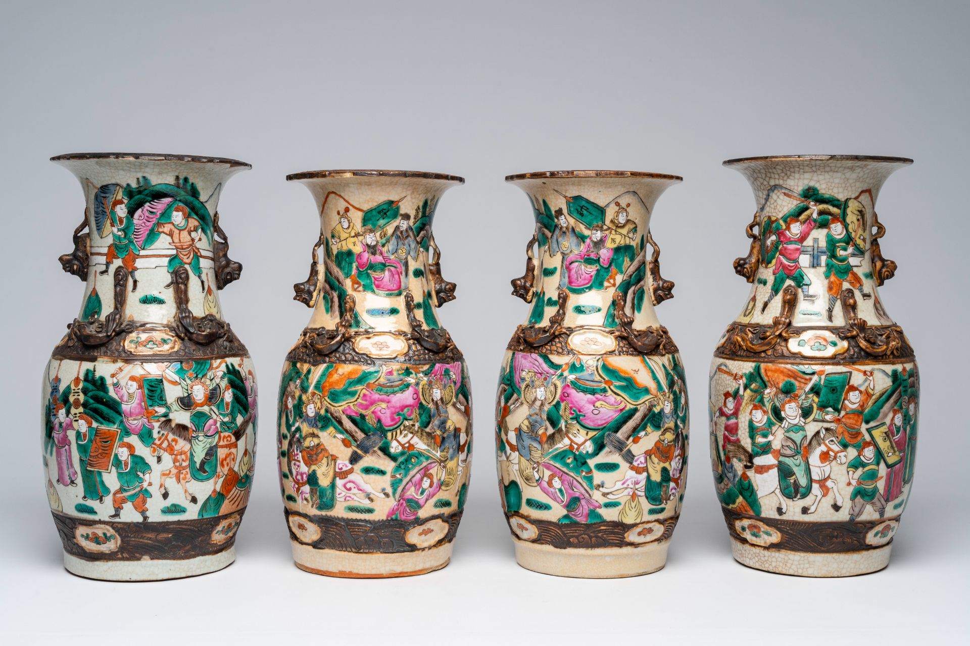 Four Chinese Nanking crackle glazed famille rose vases with warrior scenes, 19th C. - Image 2 of 7