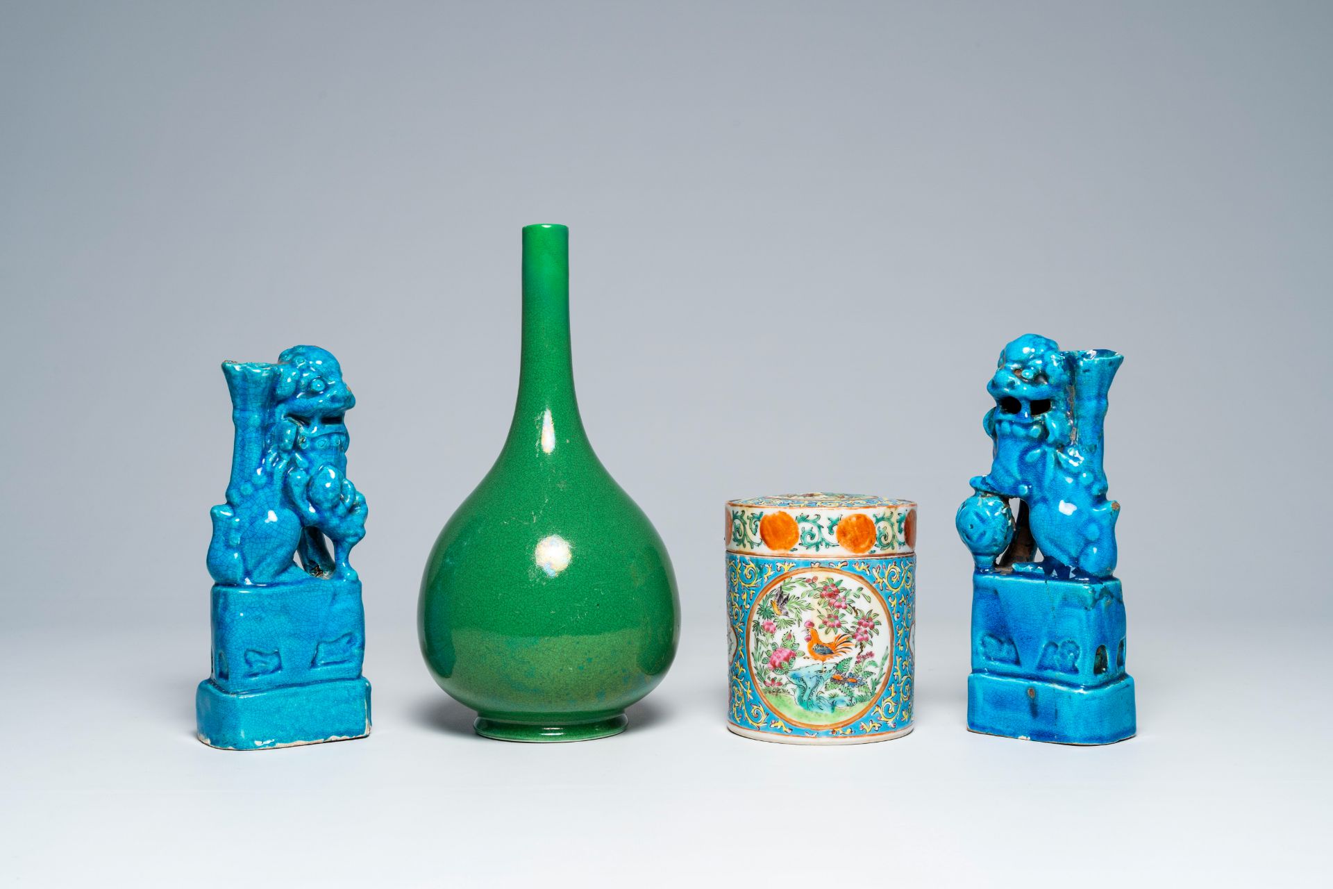 A Chinese Canton famille rose jar and cover, a monochrome green vase and a pair of turquoise glazed