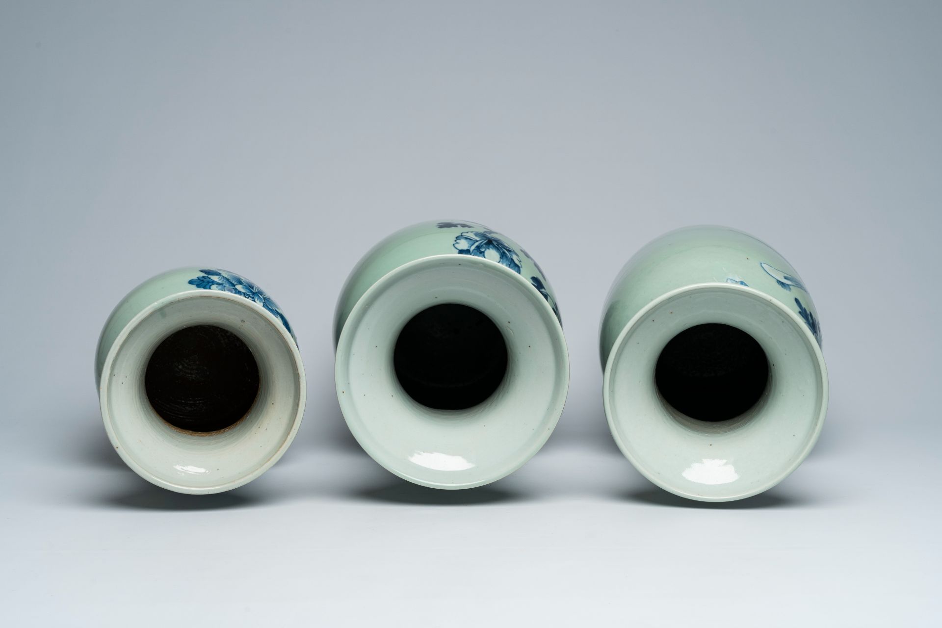 Three Chinese blue and white celadon ground vases with figures in a garden and birds among blossomin - Image 5 of 6
