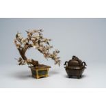 A Chinese bronze censer and a small jade and hardstone tree, 20th C.