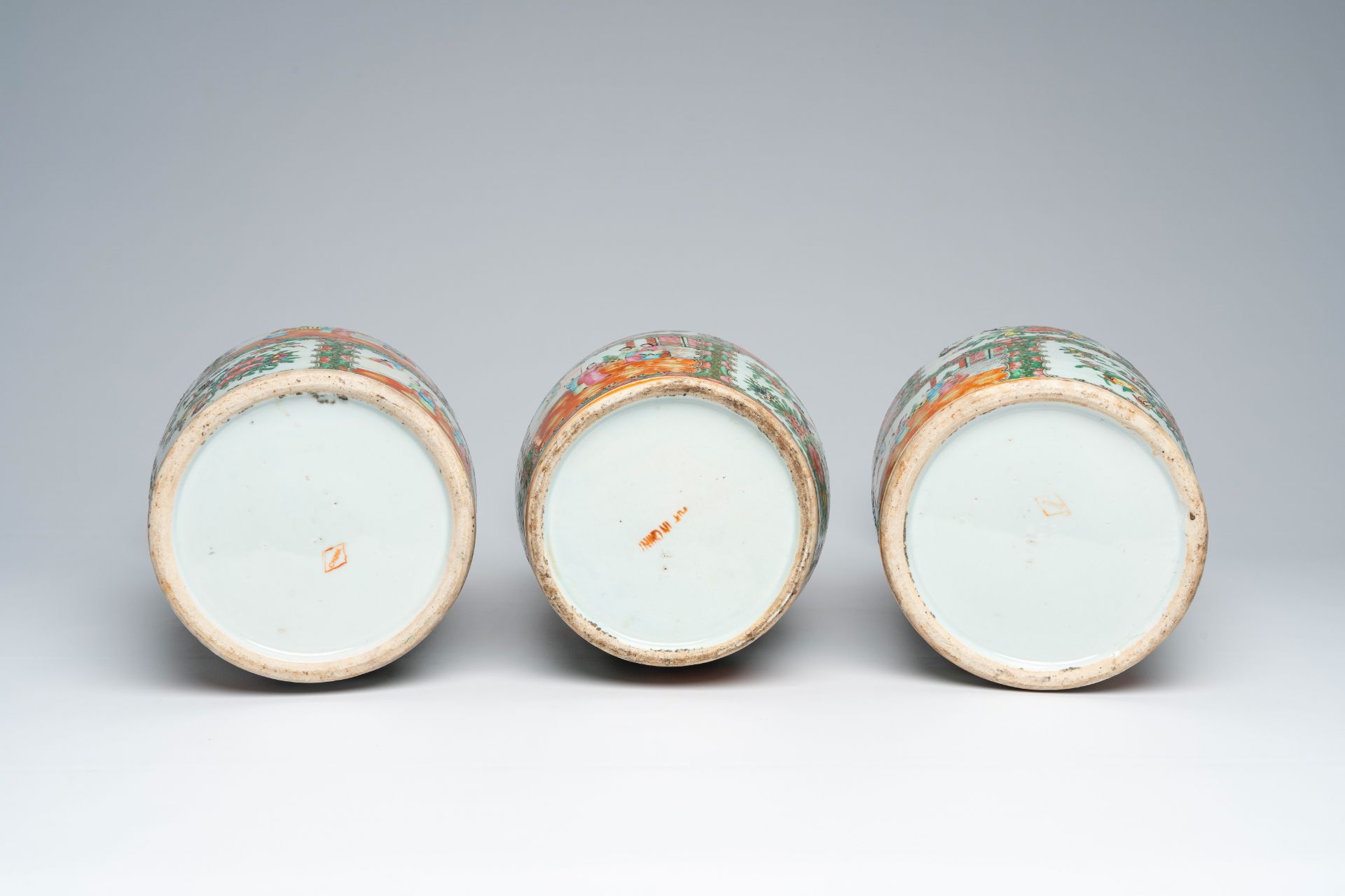 Three Chinese Canton famille rose vases with palace scenes and floral design, ca. 1900 - Image 6 of 6