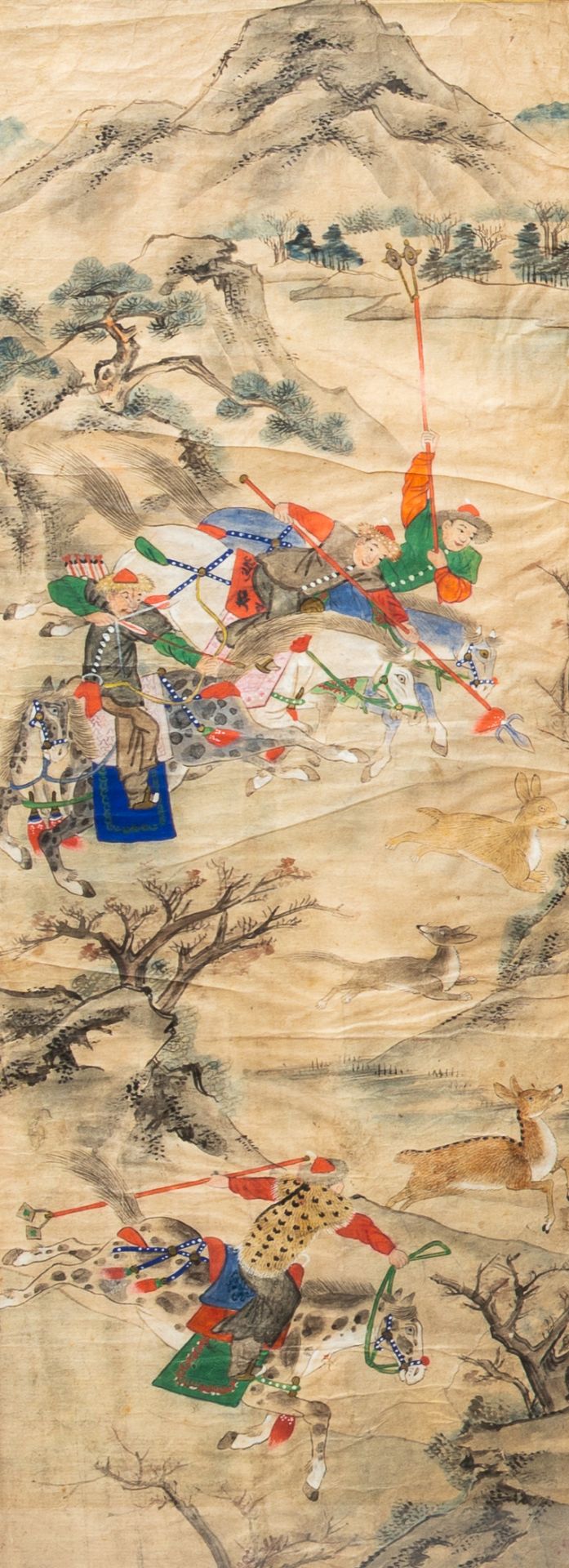 Chinese school: Five paintings with hunting scenes, ink and colours on paper, 19th C. - Image 6 of 7