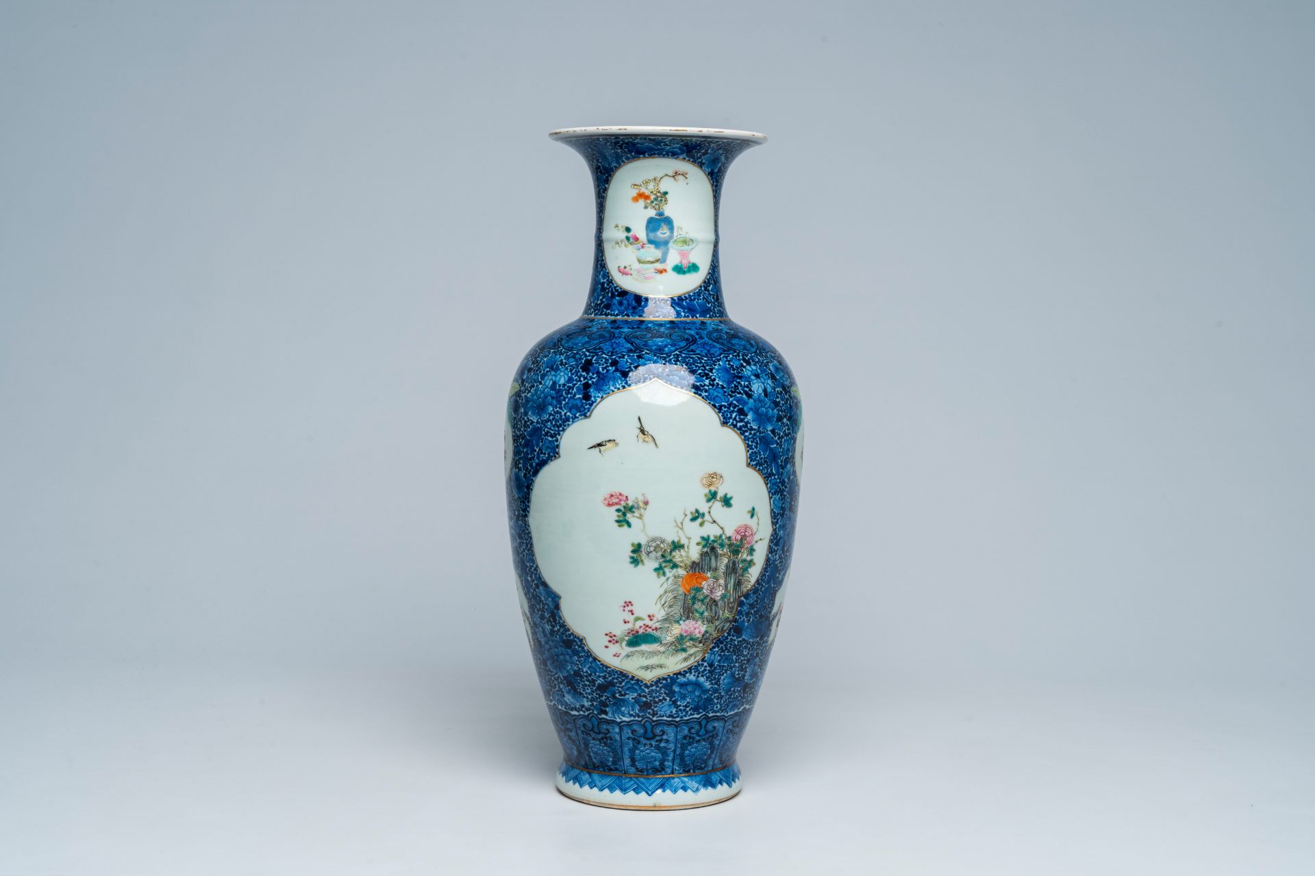 A Chinese famille rose vase with birds among blossoming branches, Qianlong mark, Republic, 20th C. - Image 2 of 7