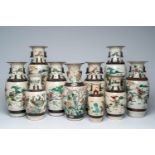 A varied collection of ten Chinese Nanking crackle glazed famille verte vases with warrior scenes an
