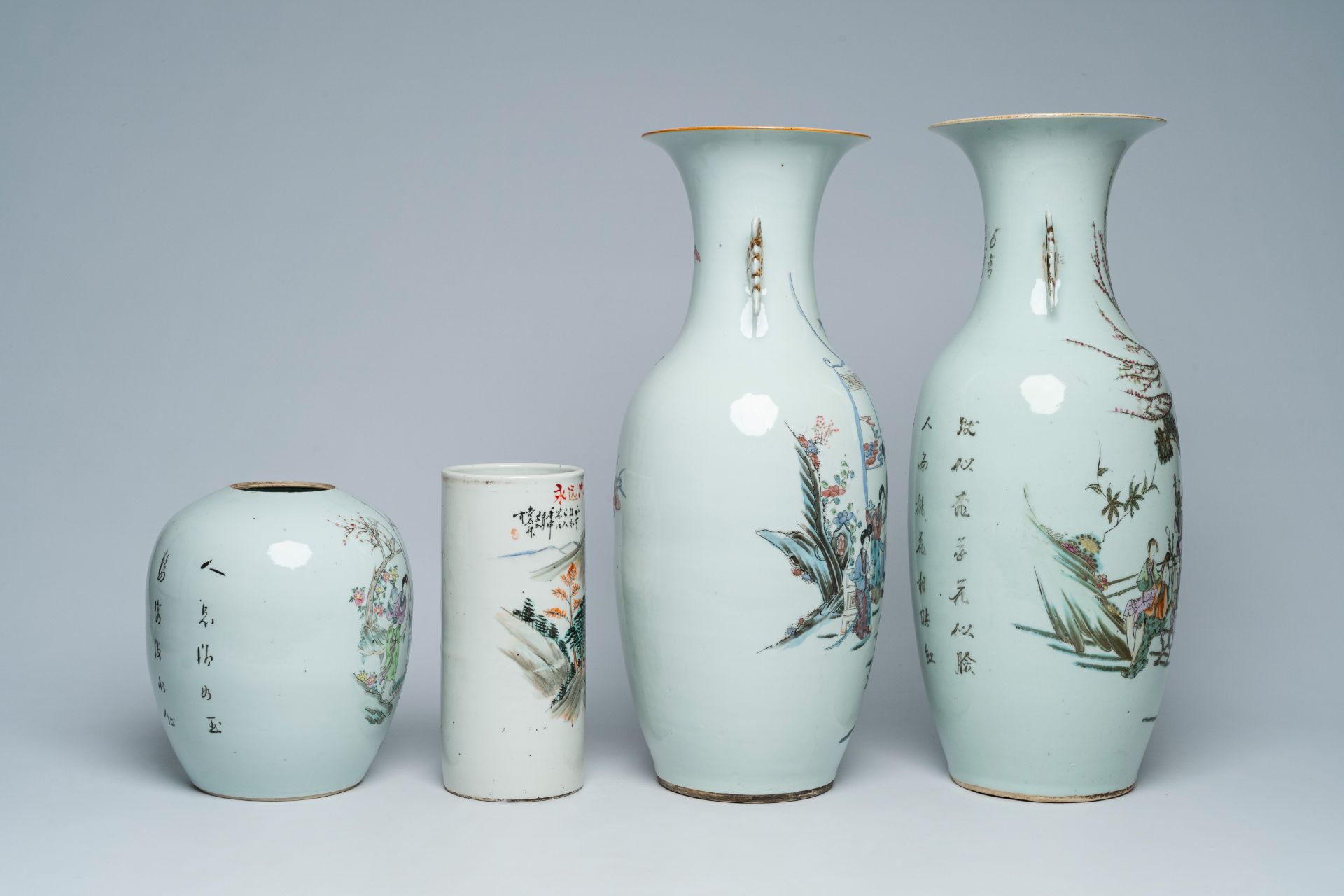 Two Chinese famille rose vases, a jar and cover with ladies in a garden and a qianjiang cai hat stan - Image 5 of 7