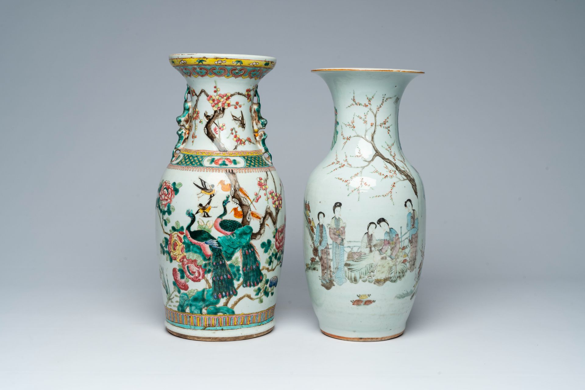 Two Chinese famille rose and qianjiang cai vases with birds among blossoming branches and ladies in - Image 2 of 7