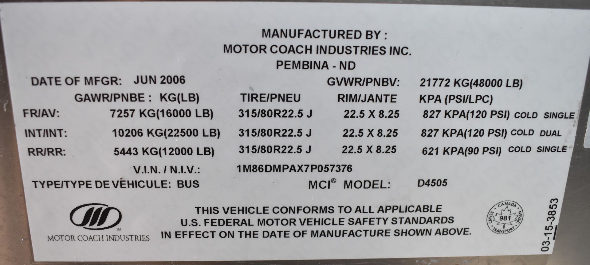 MOTOR COACH INDUSTRIES (2007) D4505 MOTOR COACH WITH DETROIT DIESEL SERIES 60 12.7L DIESEL ENGINE, - Image 15 of 17