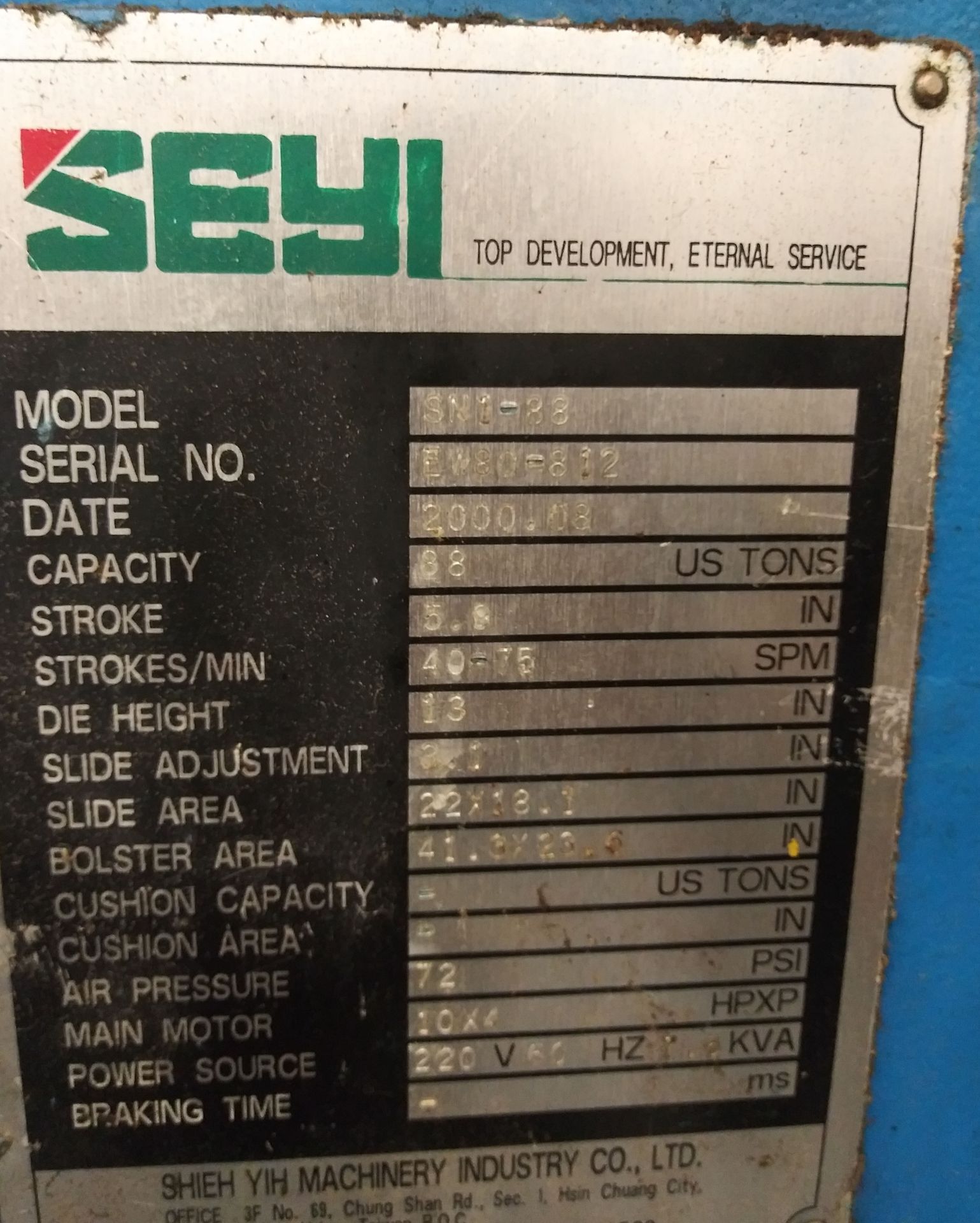 SEYI SN1-88 88 TON CAPACITY HIGH SPEED GAP FRAME PUNCH PRESS WITH 41.3" X 23.5" BED, 5.9" STROKE, - Image 5 of 6