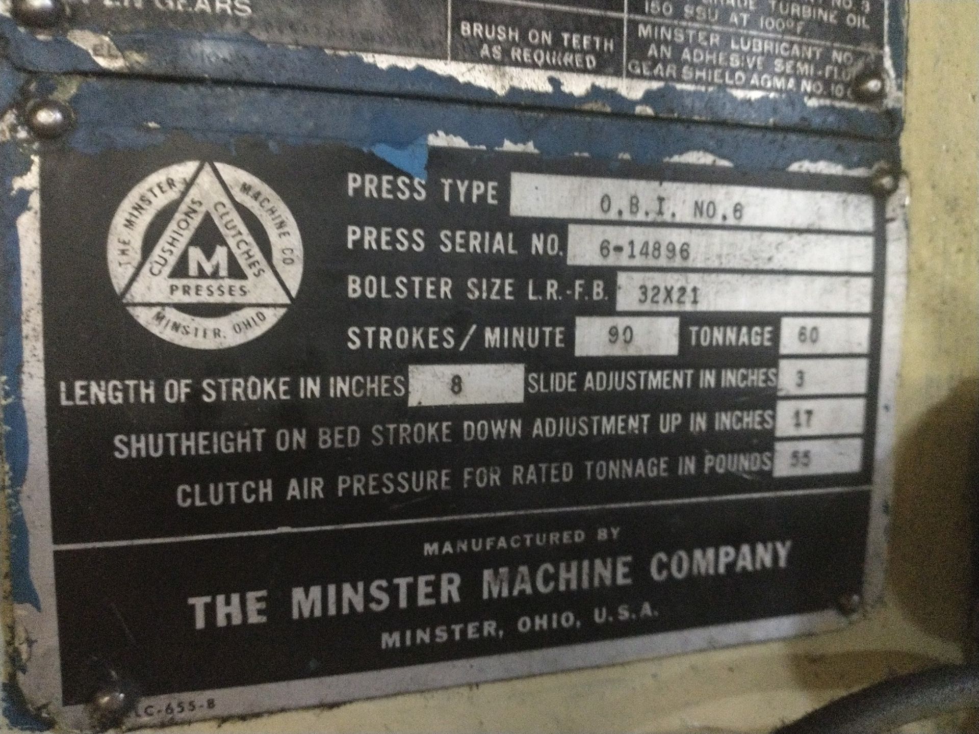 MINSTER NO. 6 60 TON CAPACITY HIGH SPEED MECHANICAL GAP FRAME PUNCH PRESS WITH 32" X 21" BED, 8" - Image 7 of 7