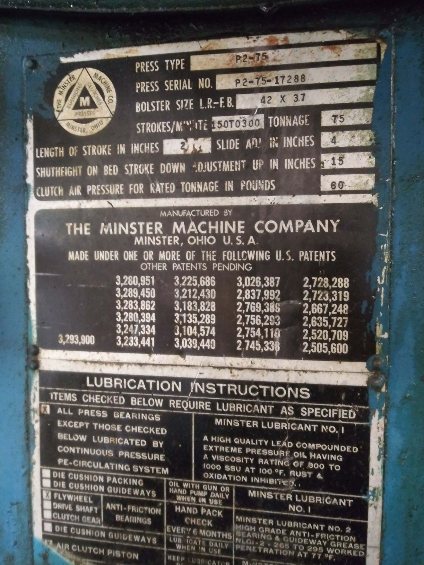 MINSTER P2-75-42 75 TON CAPACITY HIGH SPEED MECHANICAL SINGLE CRANK STRAIGHT SIDE STAMPING PRESS - Image 6 of 6