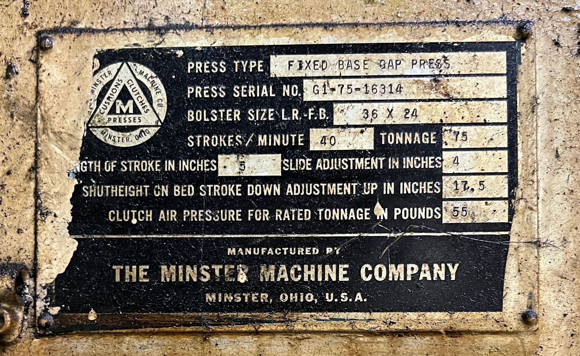 MINSTER G1-75 75 TON CAPACITY GAP FRAME OBI PUNCH PRESS WITH 36" X 24" BED, 5" STROKE, 14" MAX. SHUT - Image 6 of 6