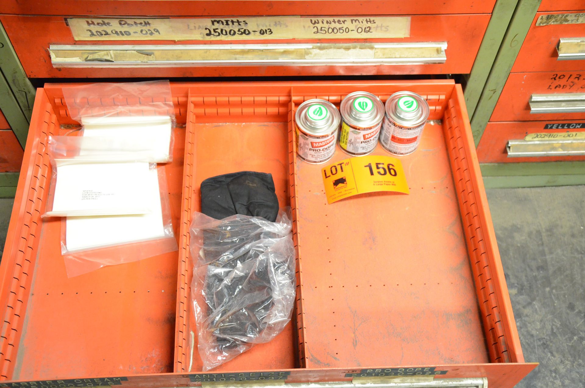LOT/ CONTENTS OF CABINET - INCLUDING MASKING TAPE, GRINDING WHEELS, HOOD LINERS, WINTER GLOVES, - Image 4 of 5