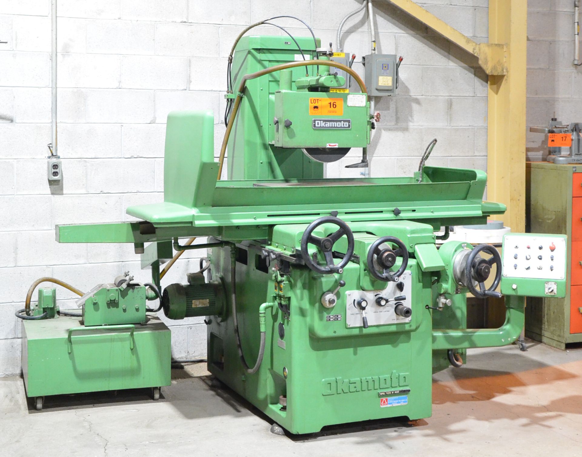 OKAMOTO M1624N HYDRAULIC SURFACE GRINDER WITH 24" X 16" ELECTROMAGNETIC CHUCK, INCREMENTAL DOWNFEED,