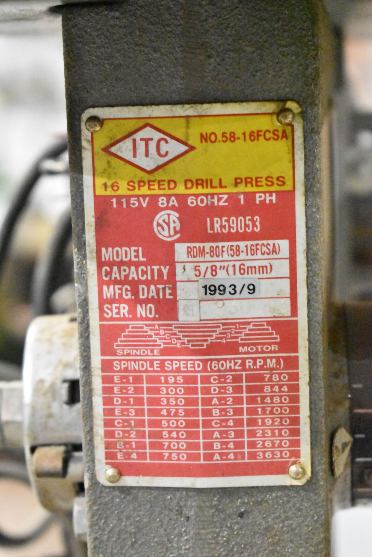 ITC RDM-80F 16-SPEED FLOOR TYPE DRILL PRESS WITH 5/8" CAPACITY, SPEEDS TO 3630 RPM, S/N: 930 [ - Image 2 of 2