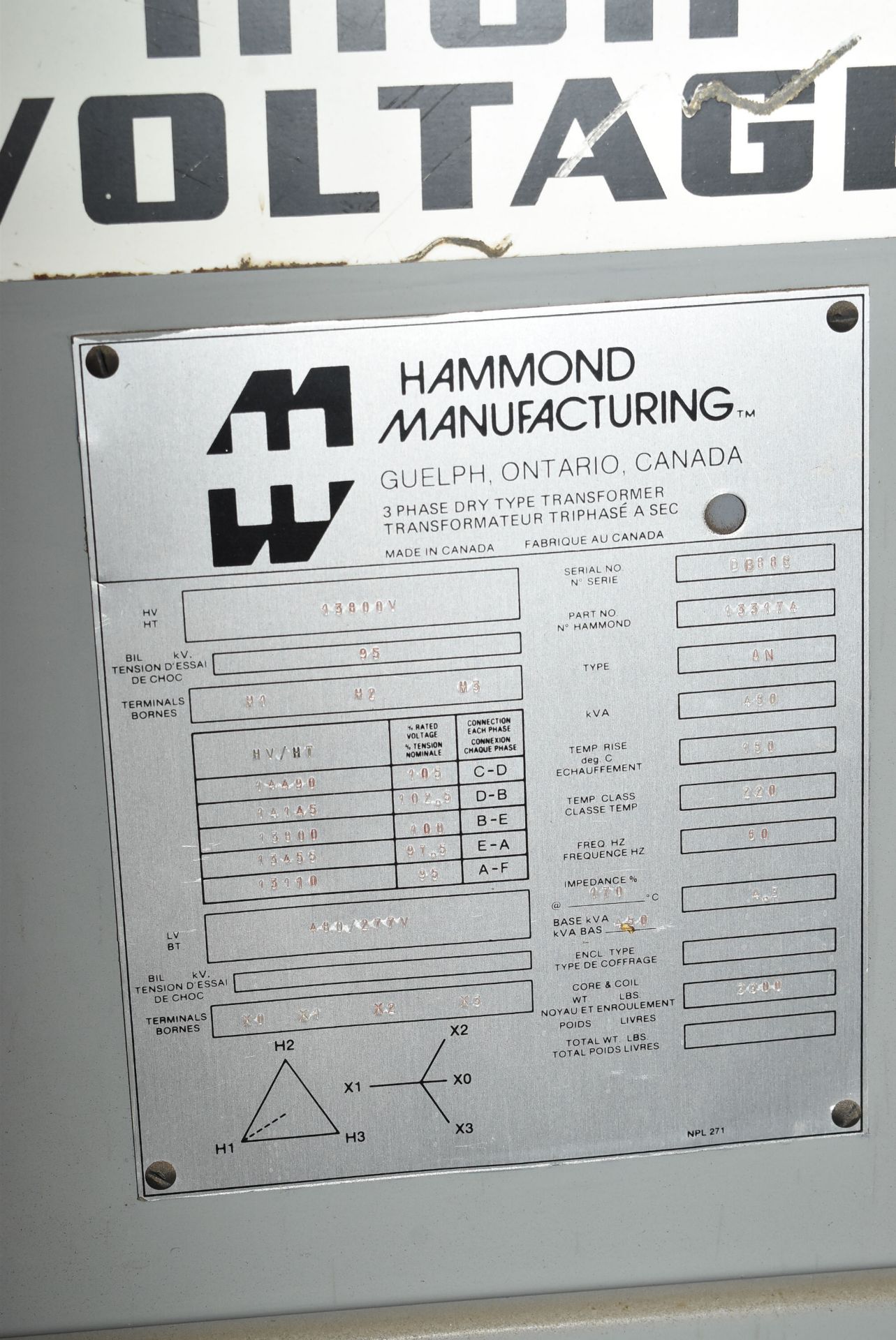 FEDERAL PACIFIC SWITCHGEAR WITH 13,800V & HAMMOND 450 KVA TRANSFORMER WITH 13,800HV/480-277LV/3PH/ - Image 3 of 3