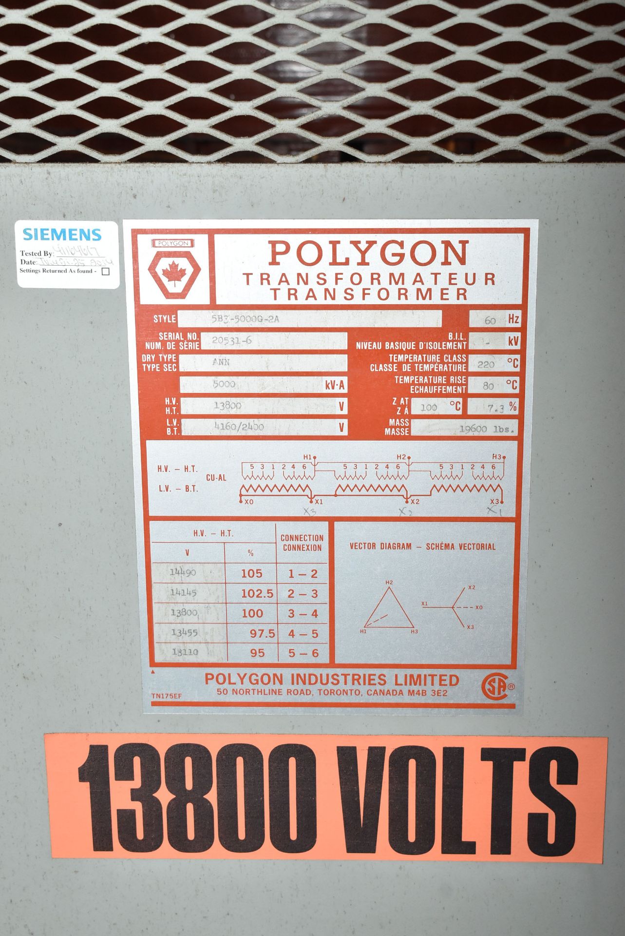 ITE INDUSTRIES MCC WITH POLYGON 5000 KVA TRANSFORMER COIL WITH 13,800HV/4160-2400LV/3PH/60HZ (CI) [ - Image 2 of 2