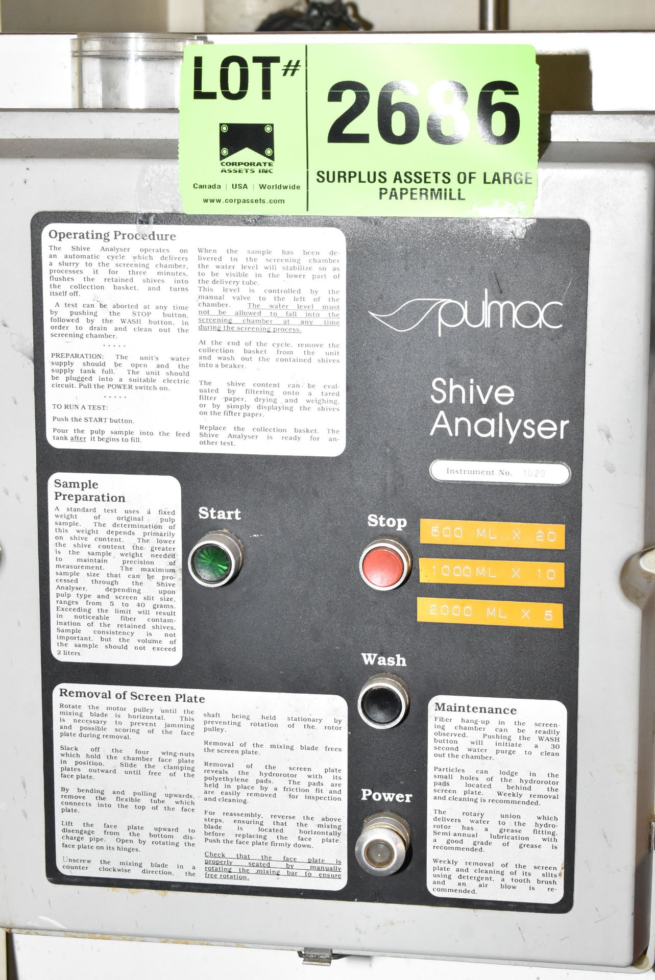 PULMAC SHIVE ANALYZER, S/N: N/A [RIGGING FEE FOR LOT #2686 - $125 USD PLUS APPLICABLE TAXES] - Image 2 of 4