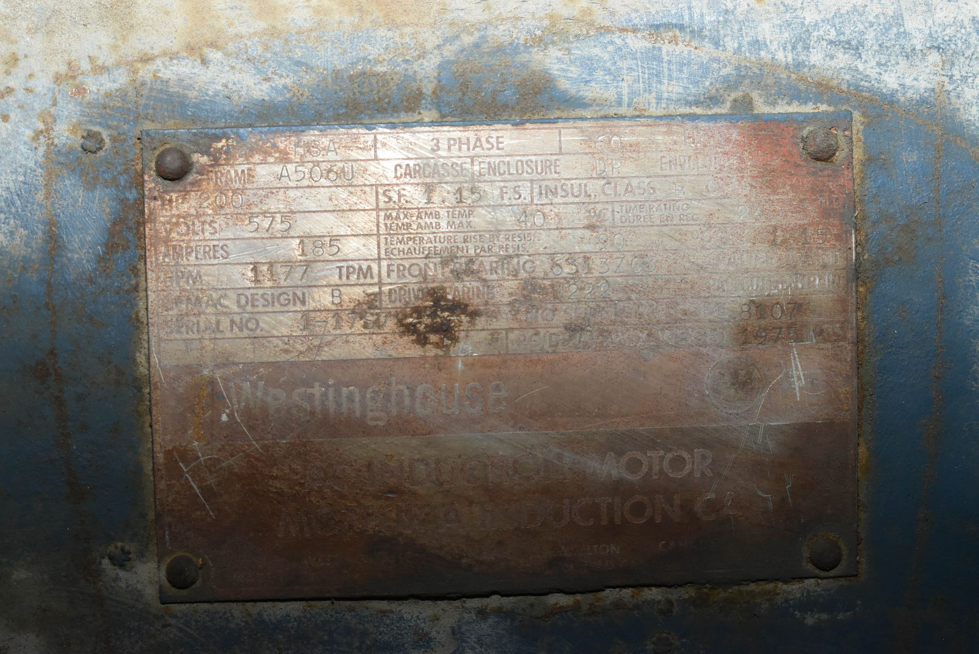 WESTINGHOUSE 200 HP ELECTRIC MOTOR WITH 1177 RPM/575V/3PH/60HZ, S/N: N/A (CI) [RIGGING FEE FOR - Image 2 of 2