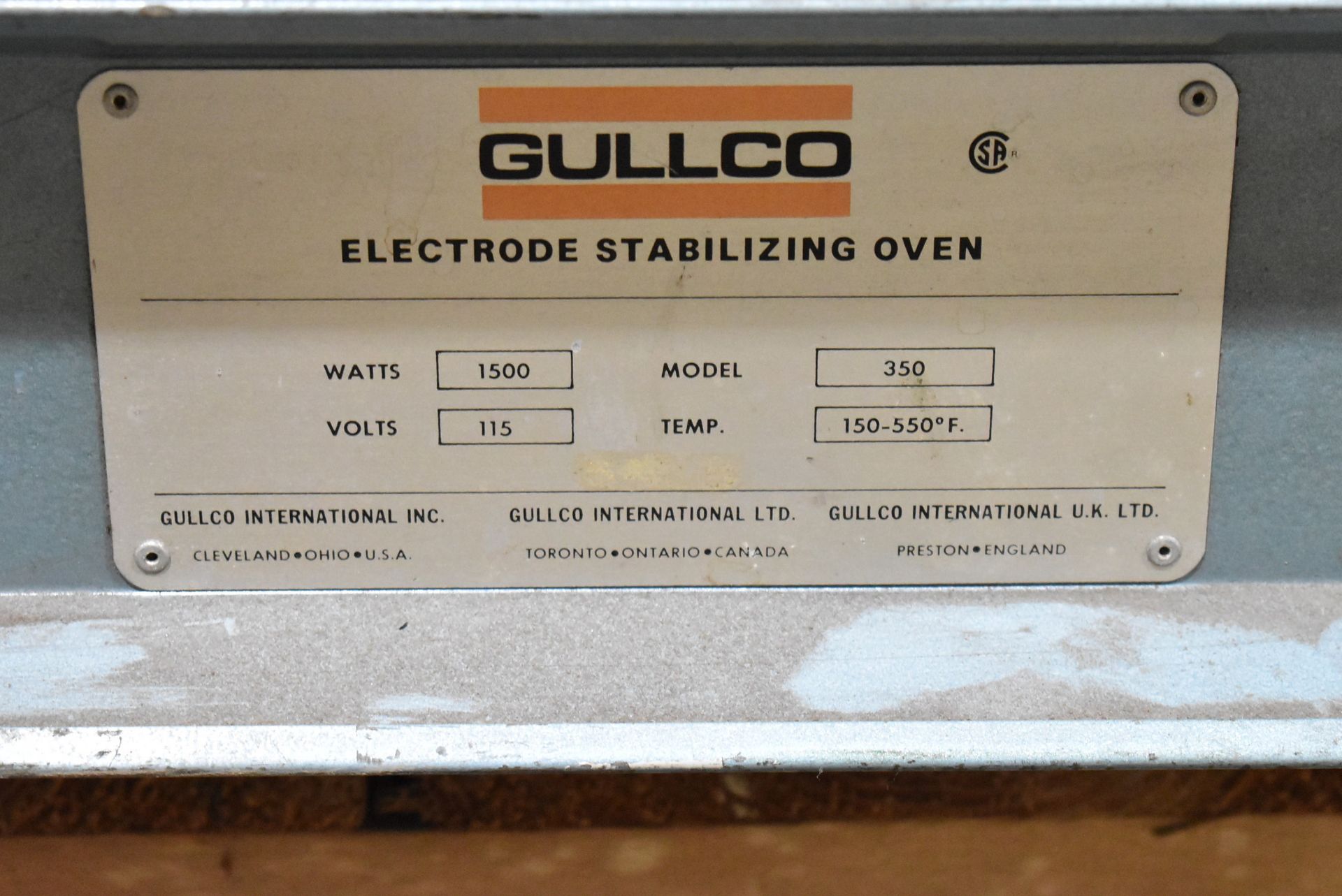 GULLCO MODEL 350 ELECTRODE STABILIZING OVEN WITH 550 DEG. F. MAX. TEMPERATURE, S/N: N/A [RIGGING FEE - Image 2 of 2