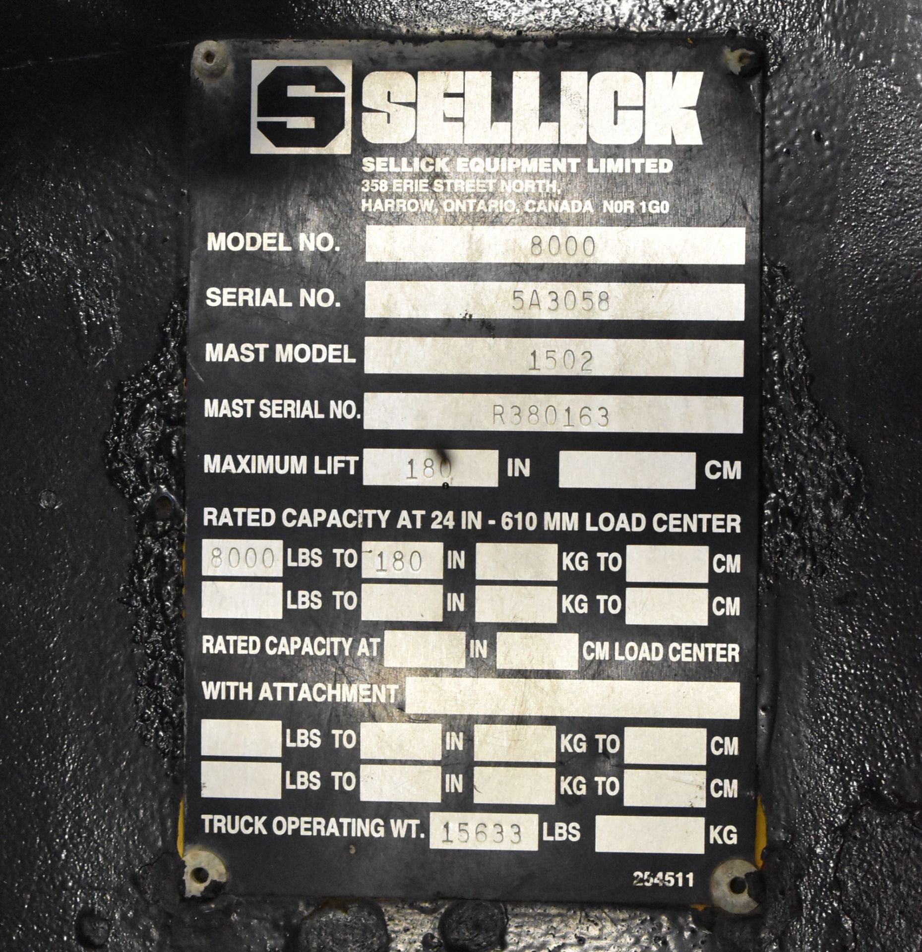SELLICK MODEL 8000 8000 LB. CAPACITY OUTDOOR DIESEL FORKLIFT WITH 180" MAX. LIFT HEIGHT, 3-STAGE - Image 10 of 10