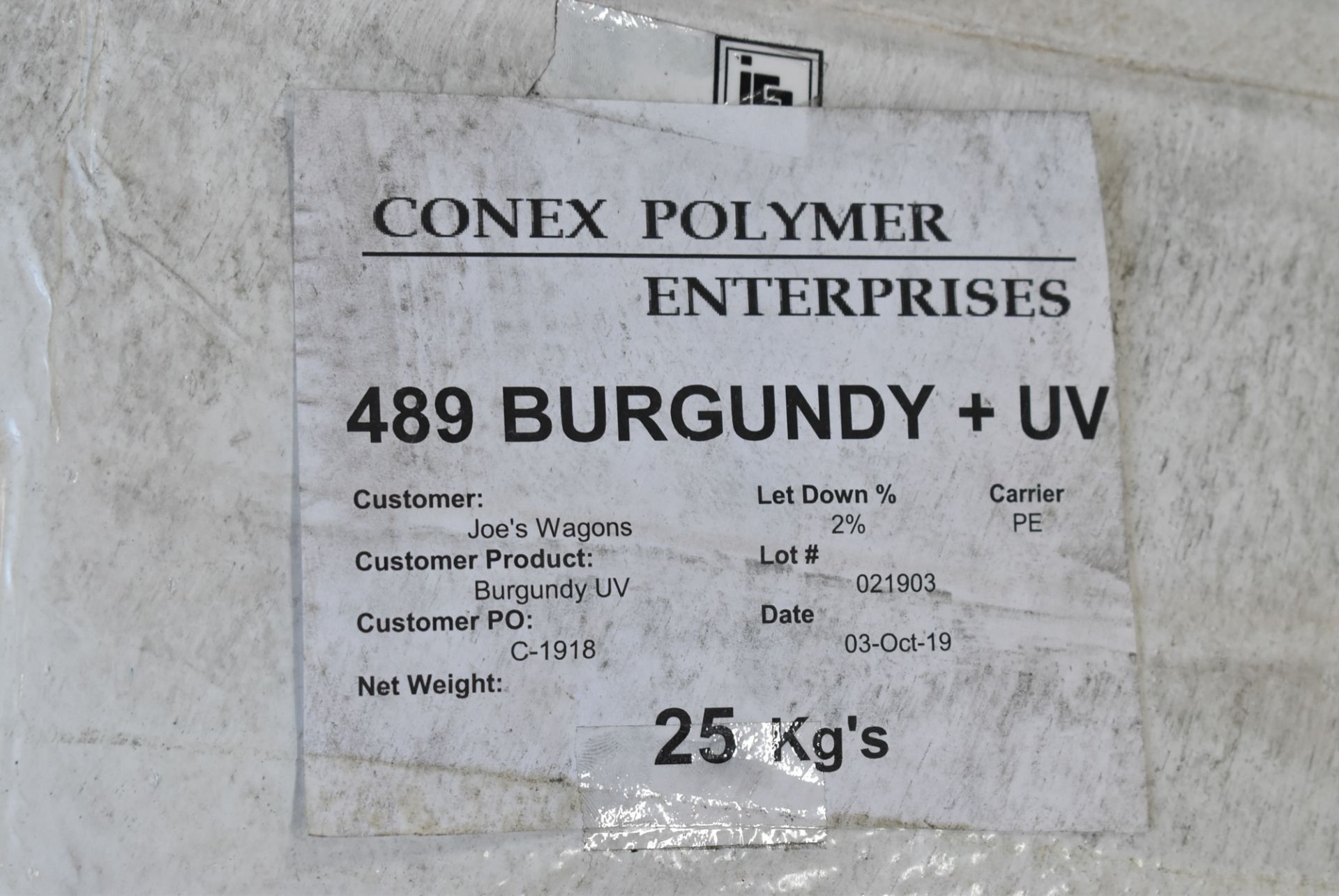 LOT/ CONEX POLYMER DUEX 489 BURGUNDY +UV COLOURANT (APPROX. 220 LBS.) - Image 2 of 2