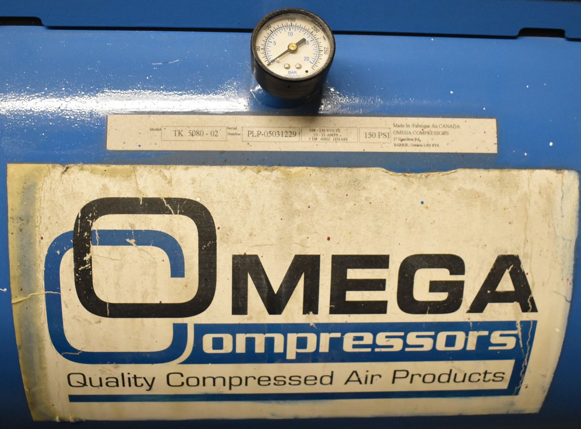 OMEGA TK 5080-02 5 HP AIR COMPRESSOR WITH 150 PSI MAXIMUM PRESSURE, 208-230V/1PH/60HZ, S/N PLP- - Image 2 of 5