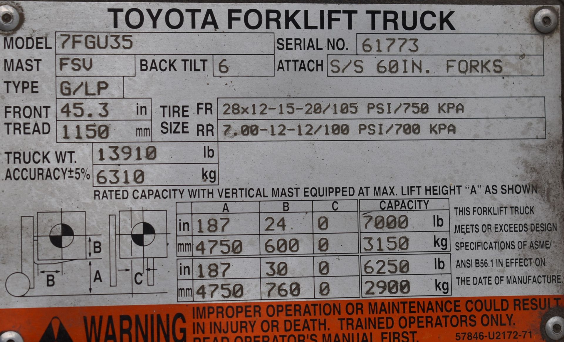 TOYOTA 35 7FGU35 7,000 LB CAPACITY LPG FORKLIFT WITH 187" MAXIMUM LIFT HEIGHT, 3-STAGE MAST, SIDE - Image 8 of 9