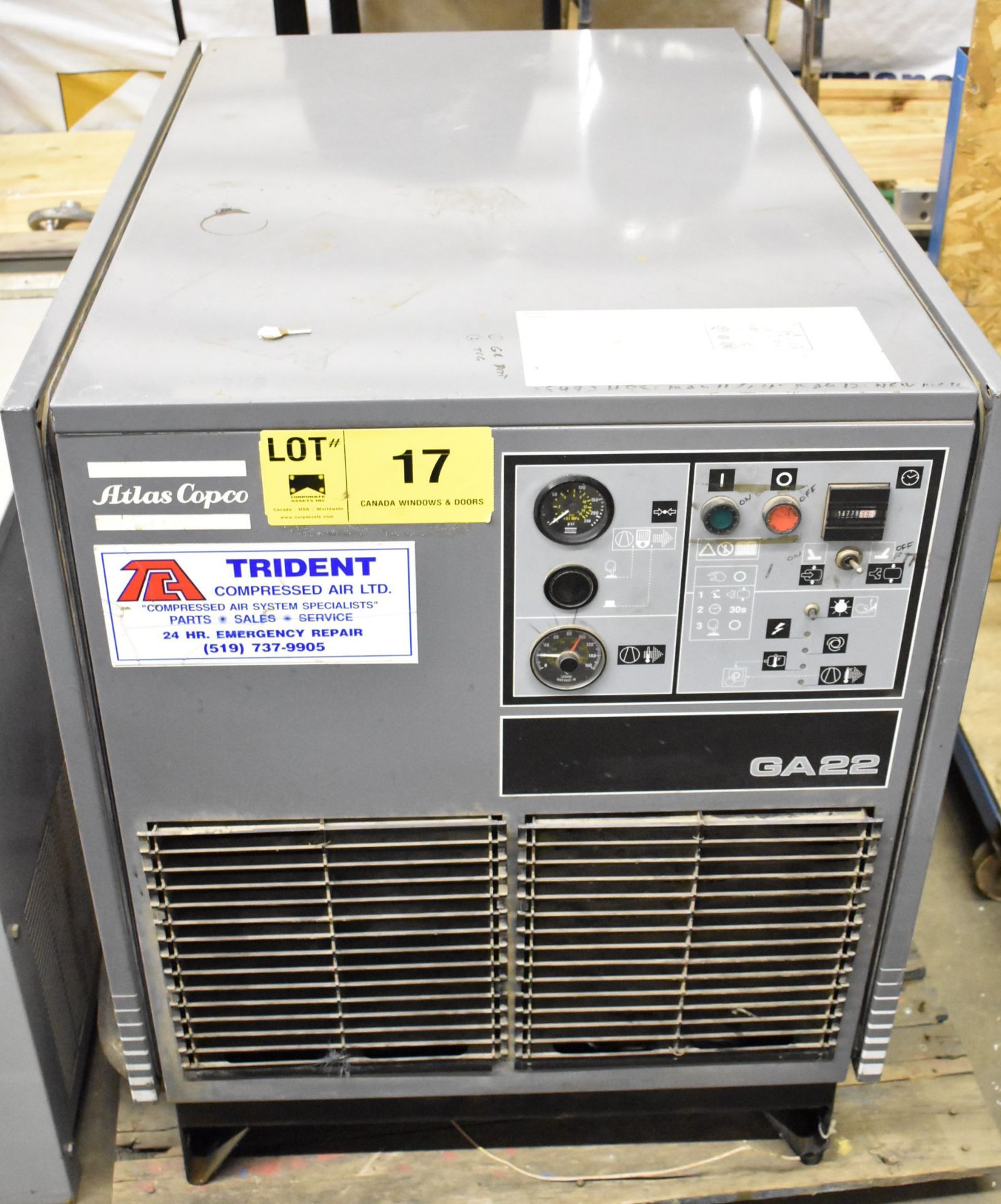 ATLAS COPCO GA22 ROTARY SCREW COMPRESSOR WITH 30 HP MOTOR, 1,800 RPM MAX SPEED, 106.8 CFM, 128