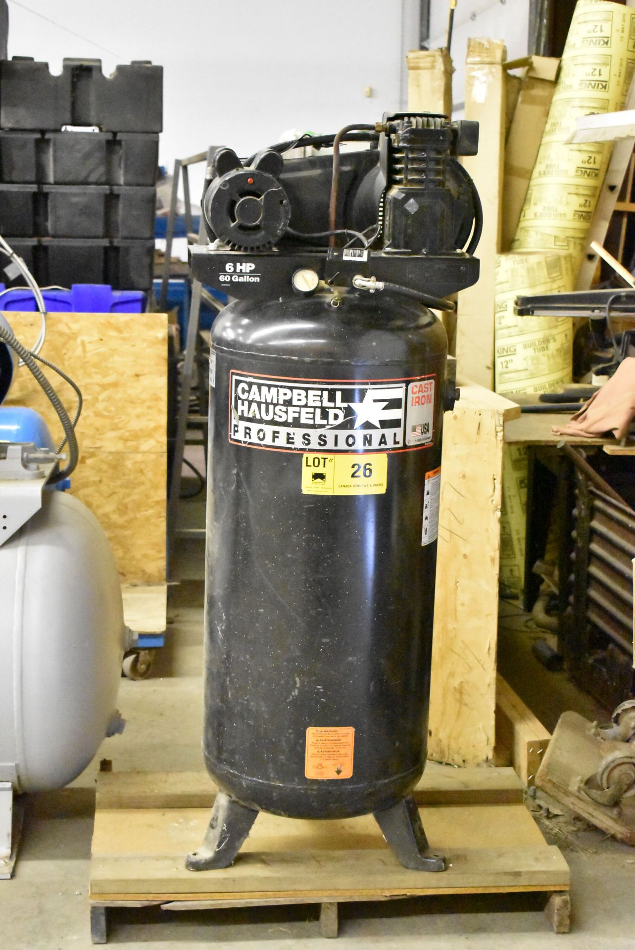 CAMPBELL HAUSFELD 6 HP AIR COMPRESSOR WITH 60 GALLON TANK, 125 PSI MAXIMUM AIR PRESSURE, S/N L9/9/