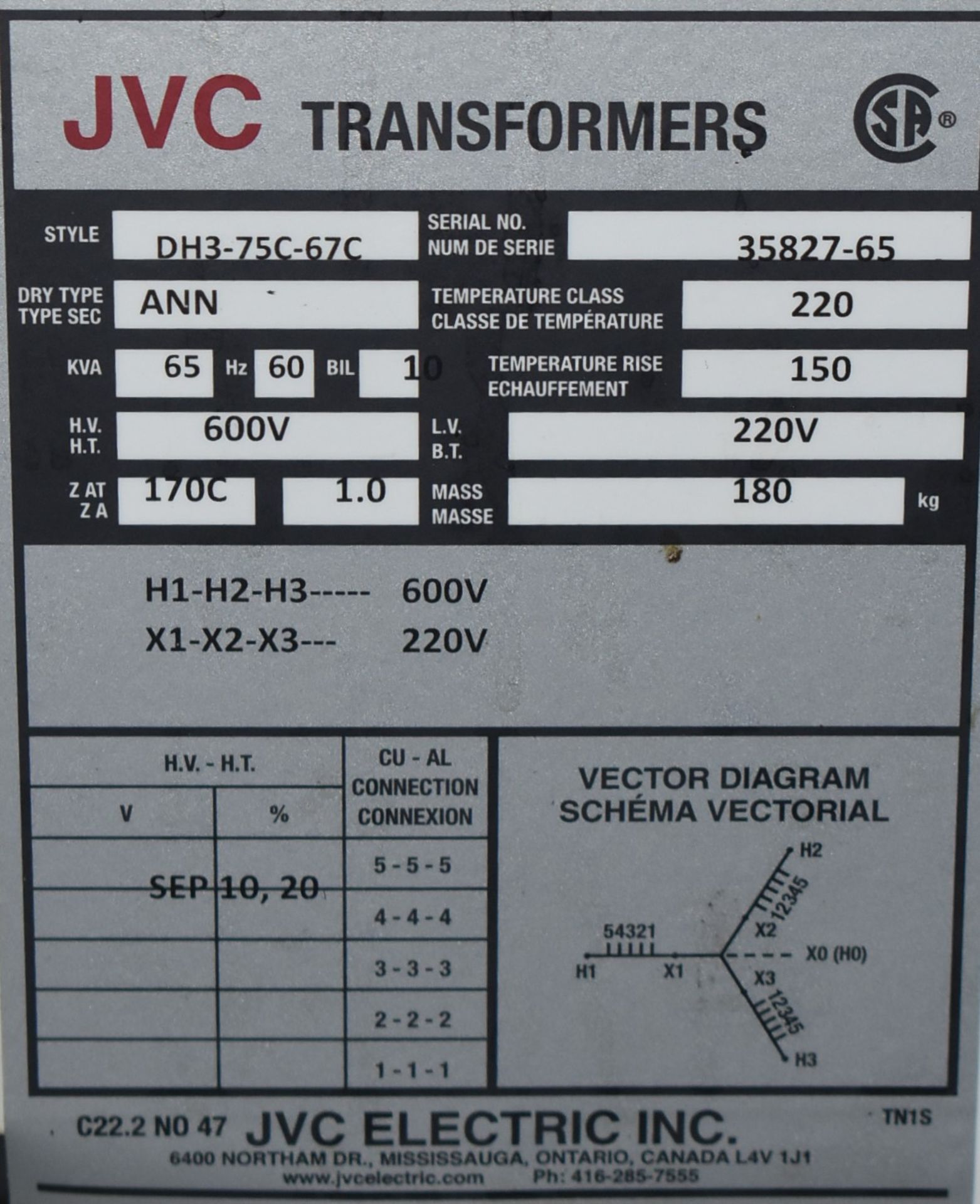 JVC DH3-75C-67C 65 KVA TRANSFORMER, 600-220V/3PH/60HZ, S/N 35827-65 (CI) [RIGGING FEES FOR LOT #24 - - Image 2 of 2