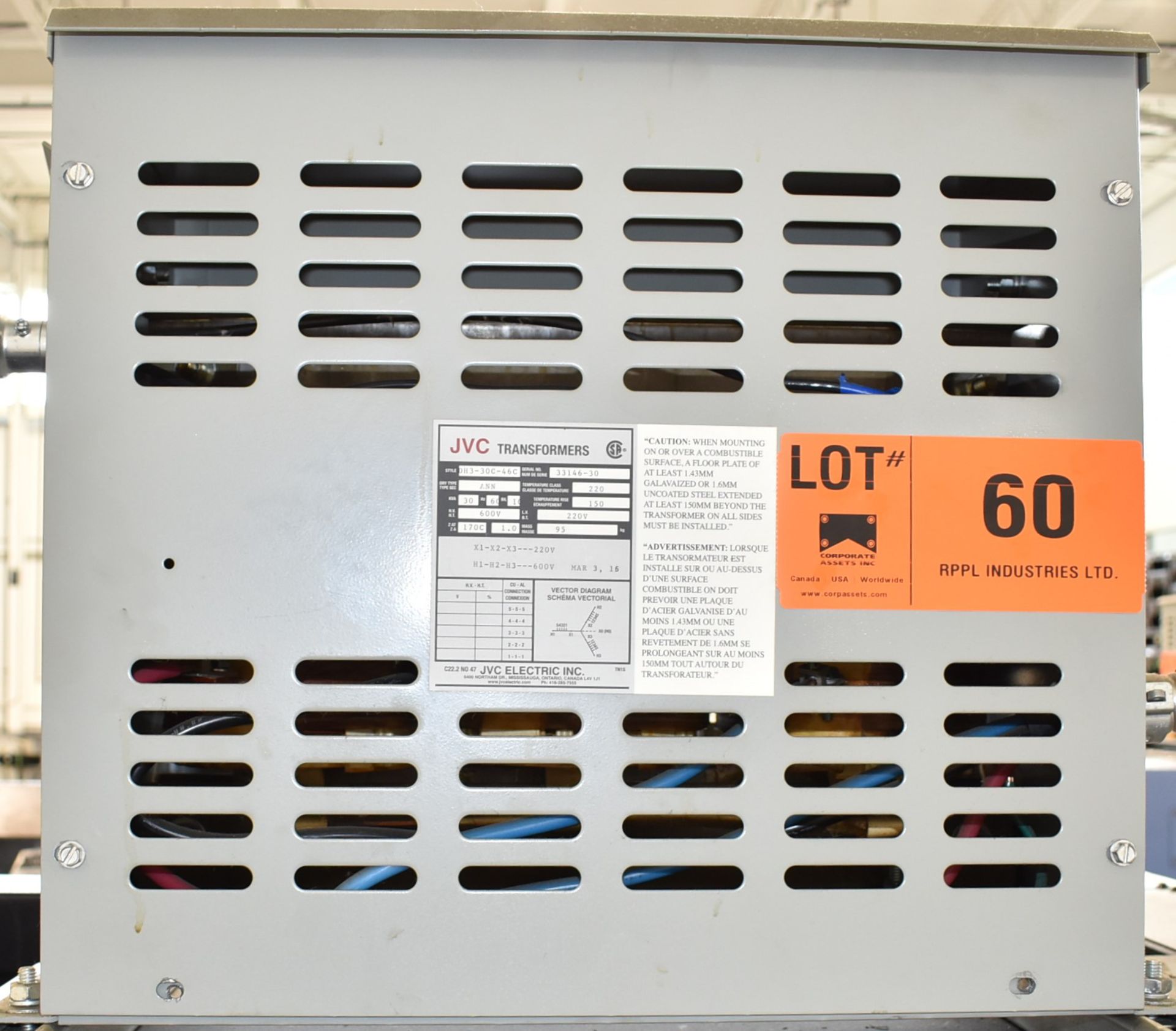 JVC DH3-30C-46C 30 KVA TRANSFORMER, 600-220V/3PH/60HZ, S/N 3316-30 (CI) [RIGGING FEES FOR LOT #