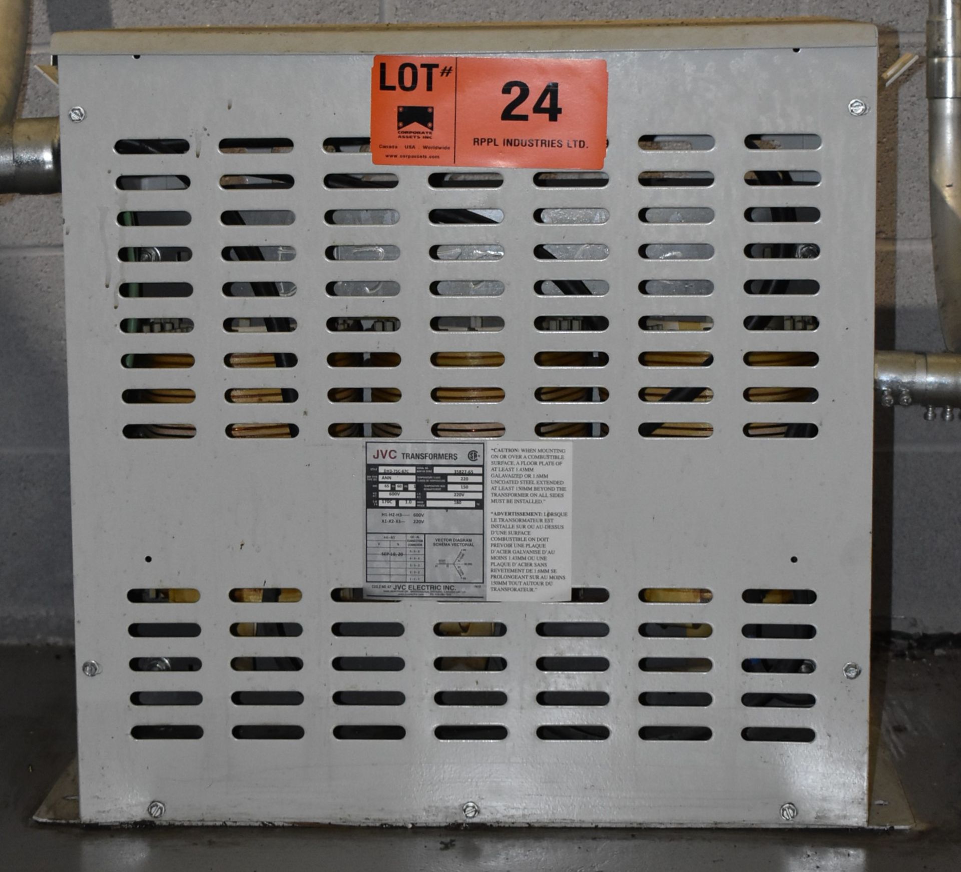 JVC DH3-75C-67C 65 KVA TRANSFORMER, 600-220V/3PH/60HZ, S/N 35827-65 (CI) [RIGGING FEES FOR LOT #24 -