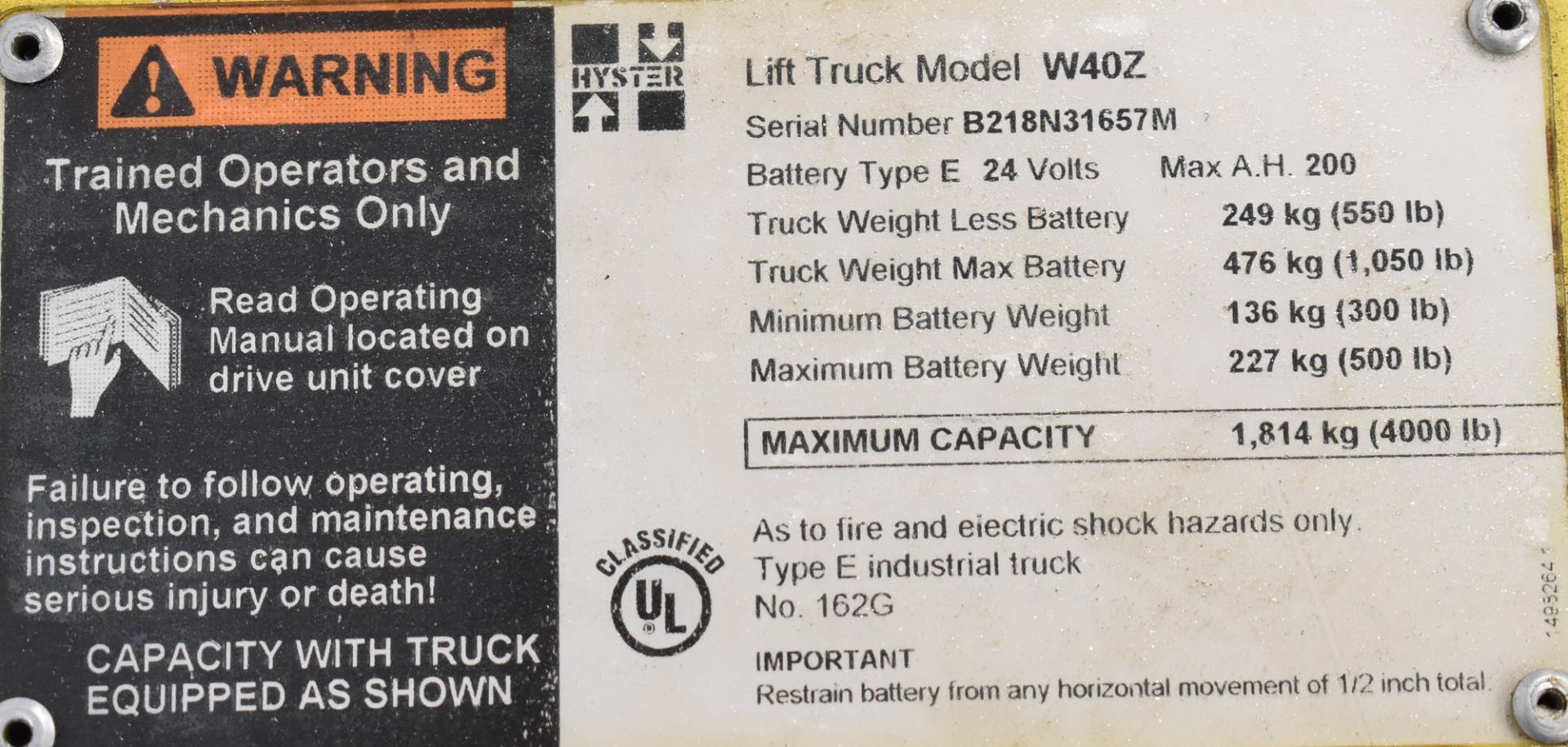 HYSTER W40Z 24V PALLET TRUCK WITH 4,000 LB MAX CAPACITY, NEW BATTERIES - INSTALLED AUG. 2022 - Image 4 of 4