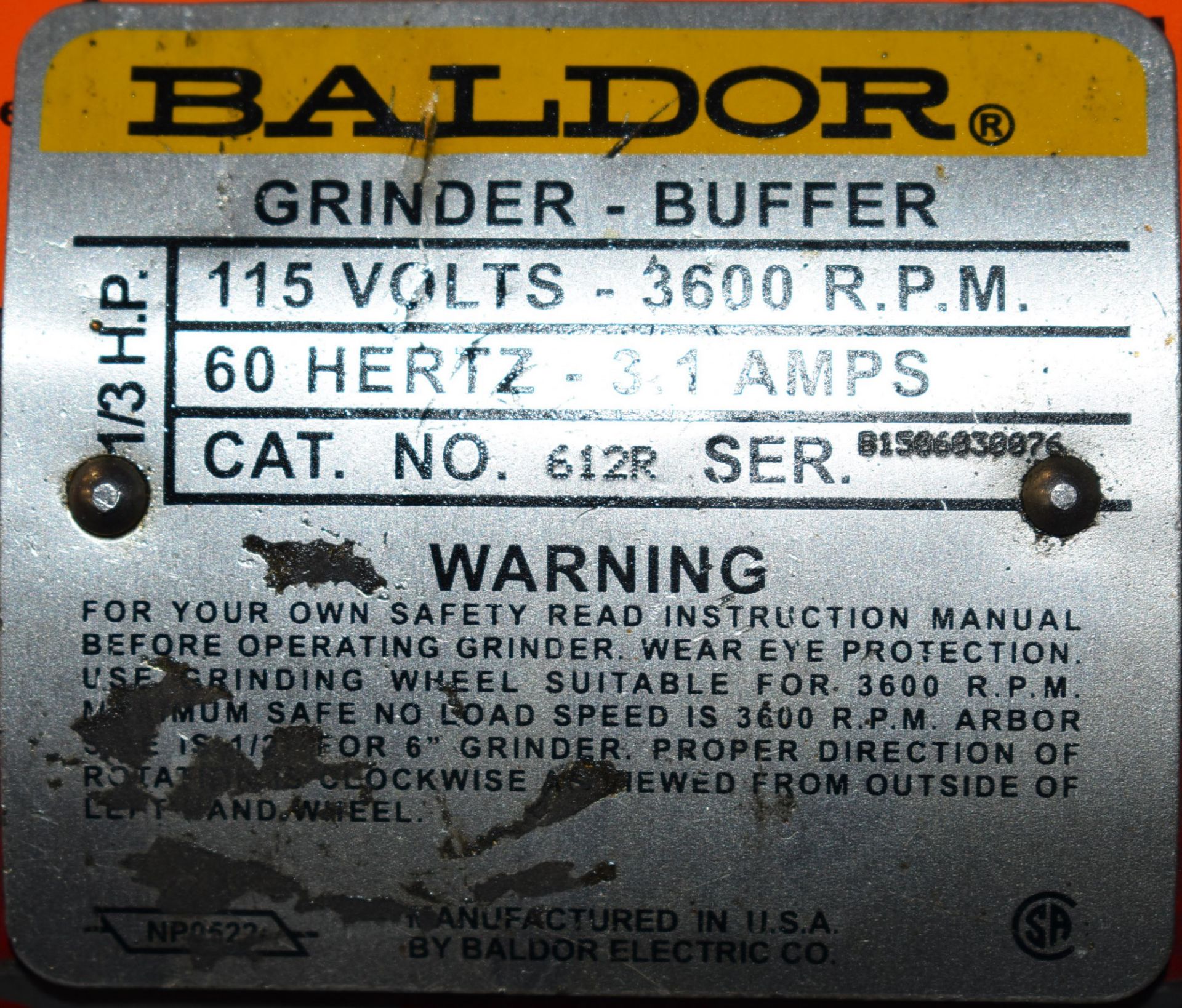 BALDOR 612R DOUBLE END PEDESTAL GRINDER/BUFFER, 1/3 HP MOTOR, S/N B1506030076 - Image 3 of 3