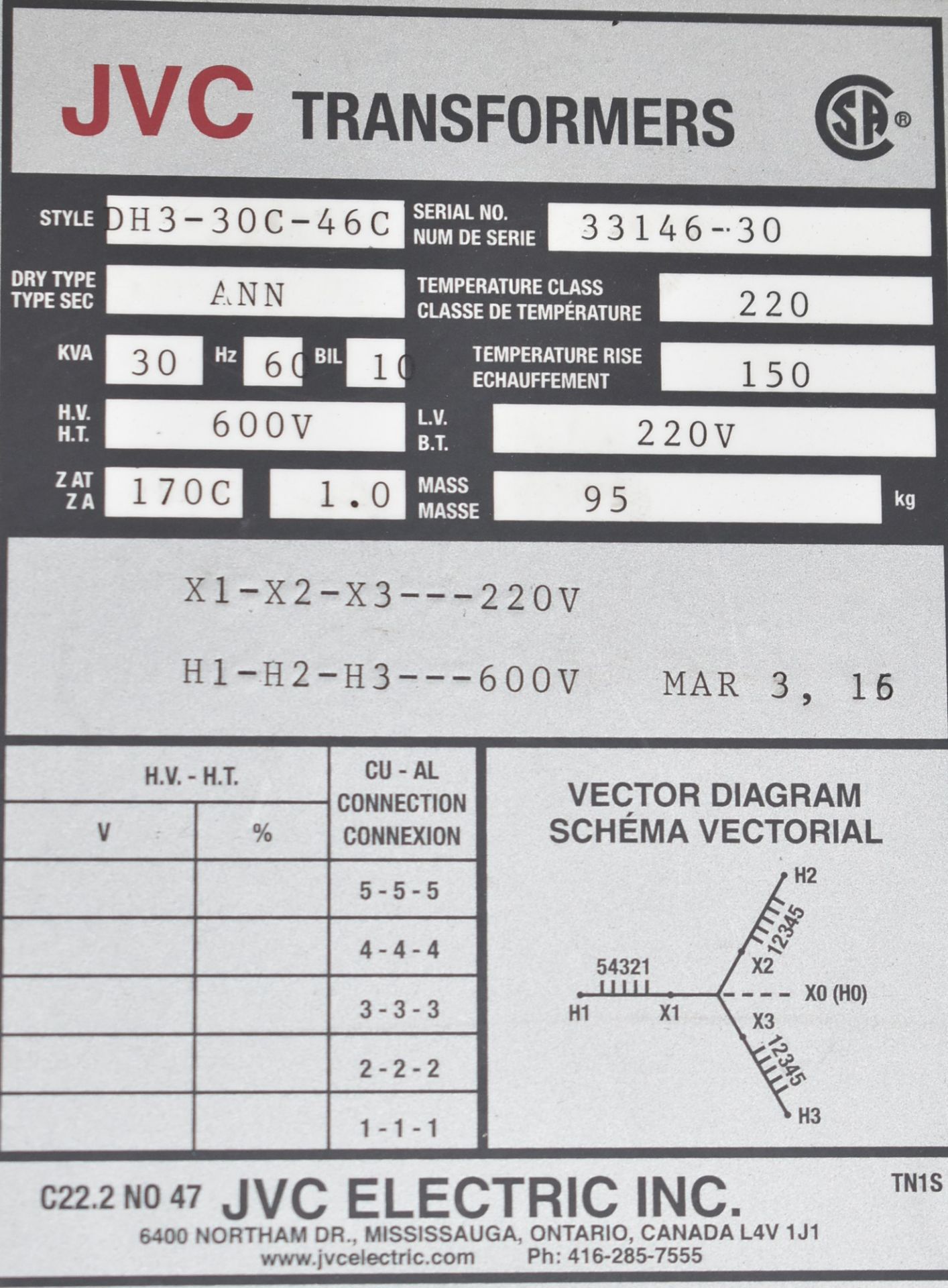 JVC DH3-30C-46C 30 KVA TRANSFORMER, 600-220V/3PH/60HZ, S/N 3316-30 (CI) [RIGGING FEES FOR LOT # - Image 2 of 2